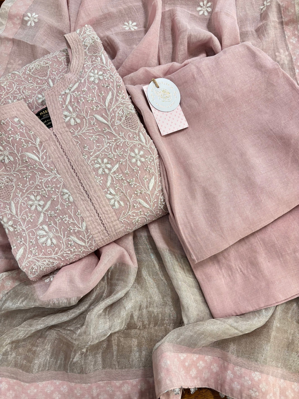 Pink Pure Tissue Chikankari Kurta, Dupatta With Bottom