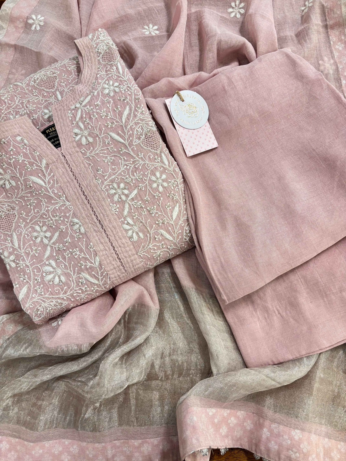 Pink Pure Tissue Chikankari Kurta, Dupatta With Bottom