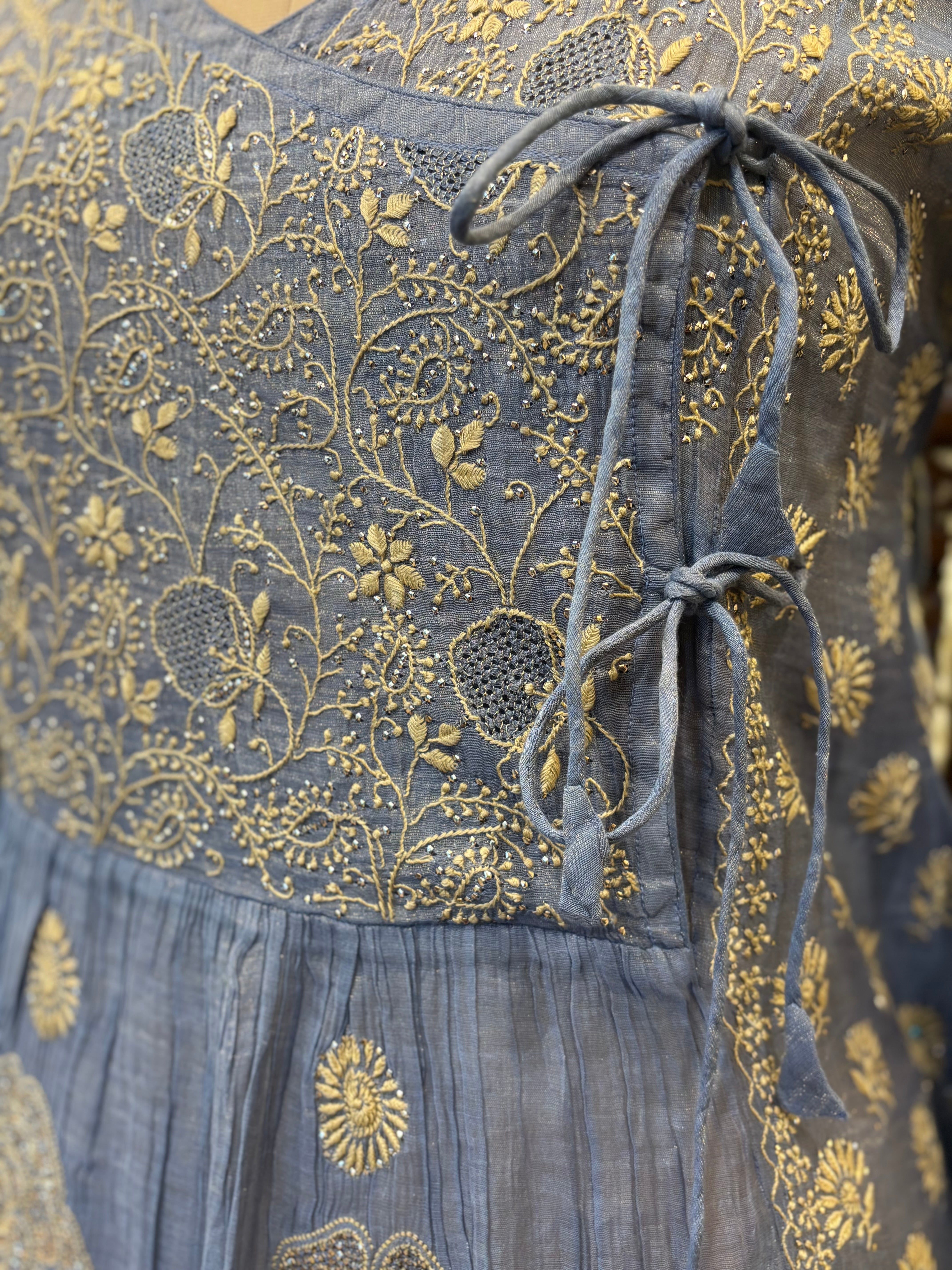 Blue Pure and Premium Tissue Chikankari & Mukaish Angrakha Kurta and Dupatta Set - Pleats PleaseChikankari
