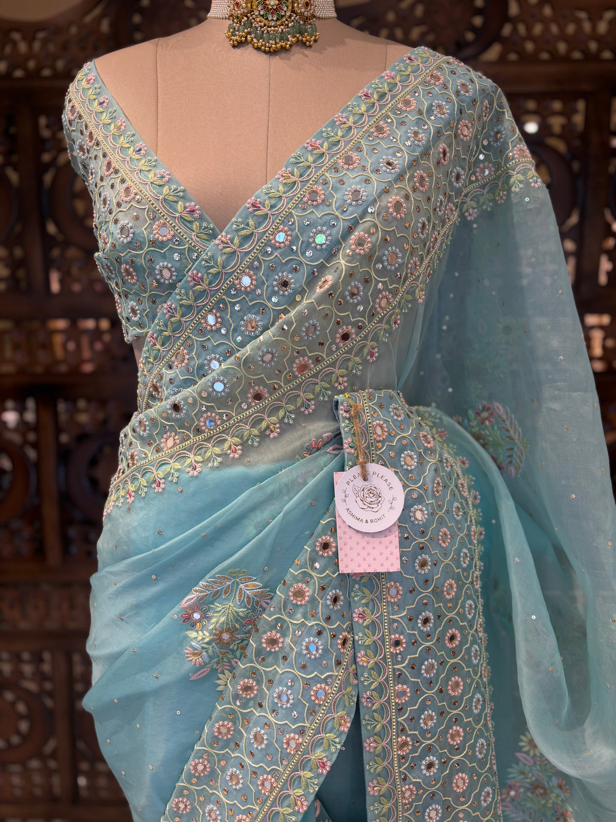 Pastel Blue Organza Mirror Chikankari Saree