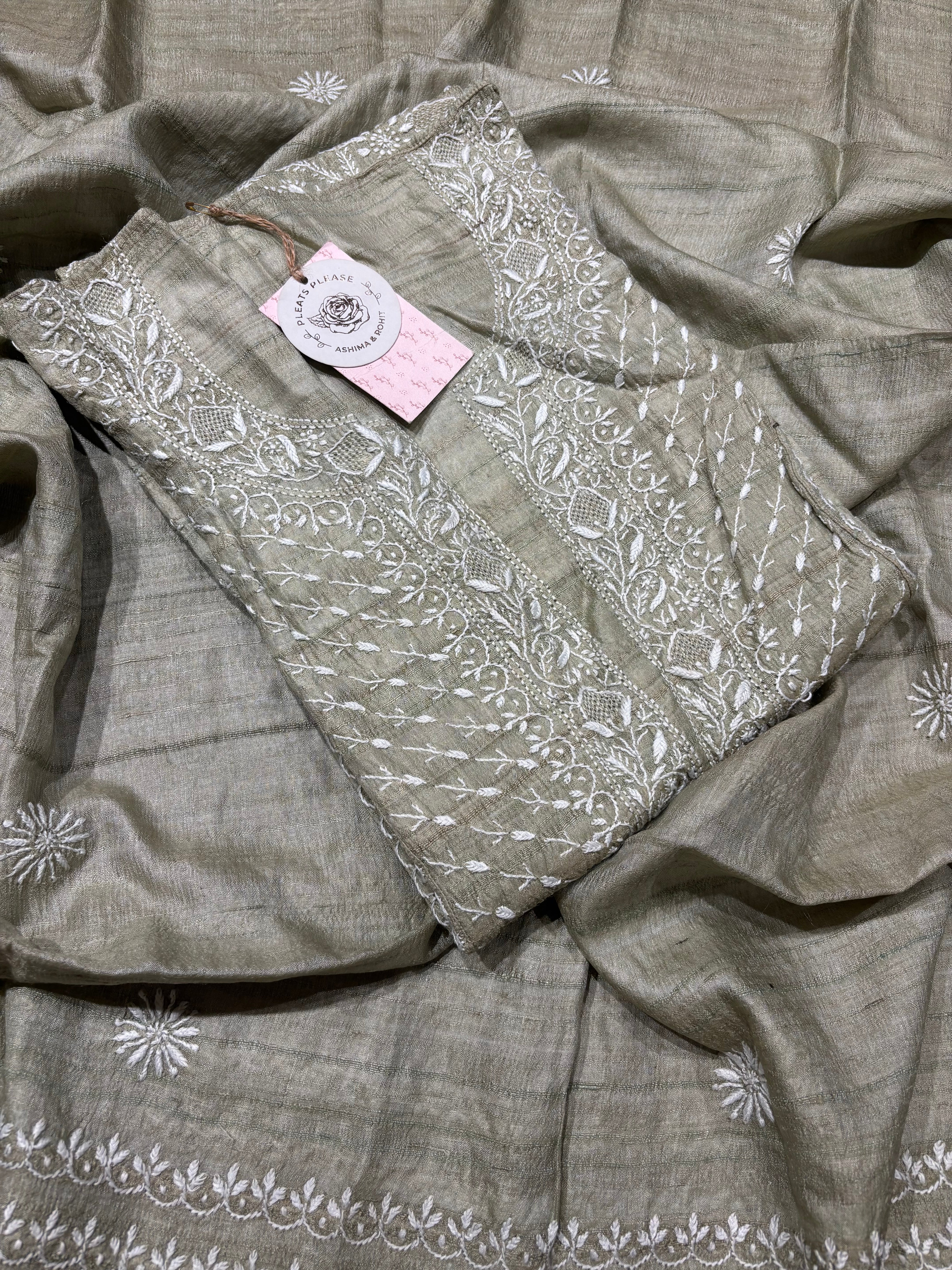 Sage Green Tussar silk Chikankari Kurta and Dupatta set