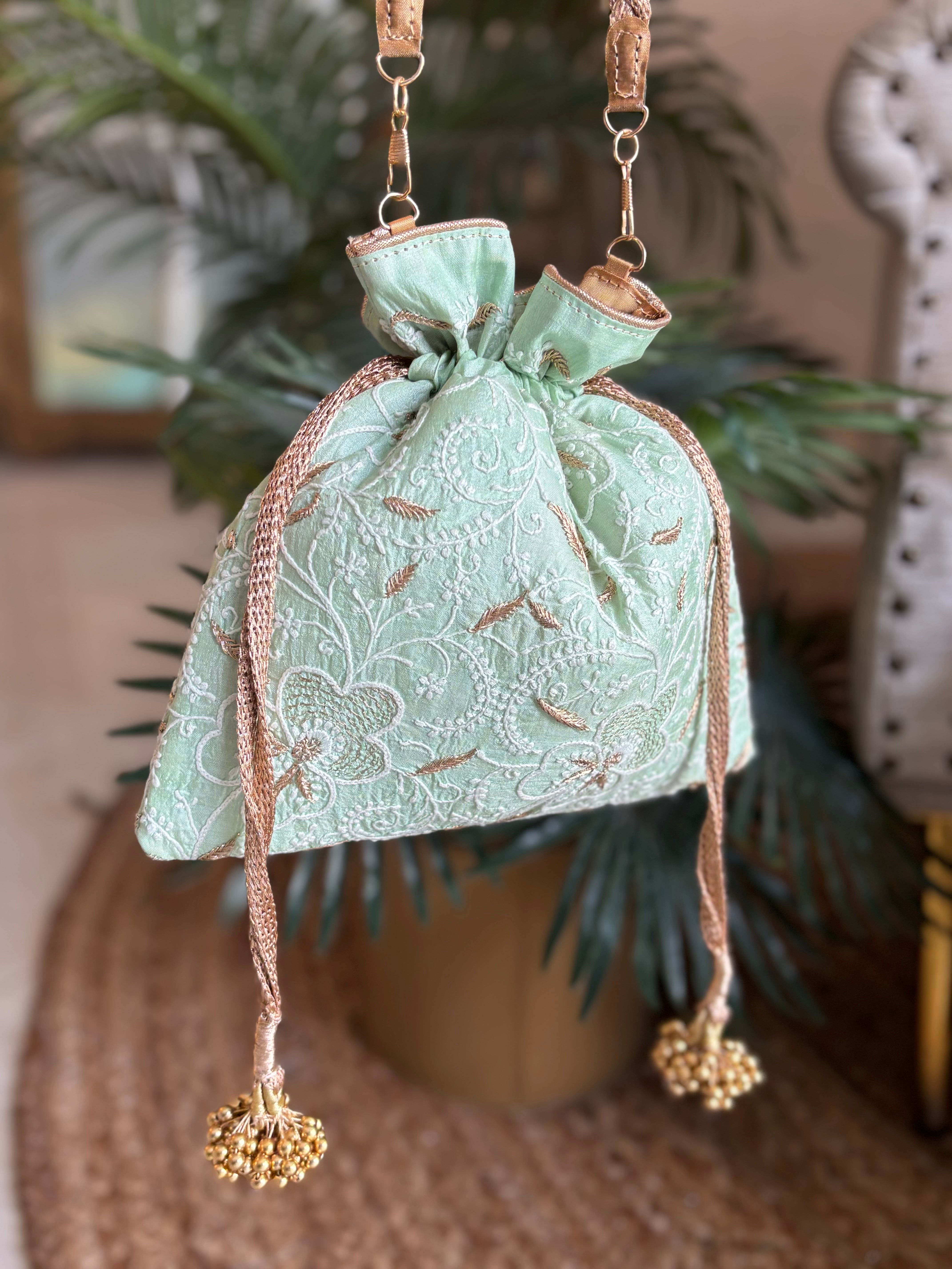 Cruise Chikankari Potli Bag - Elegant Handcrafted Accessory for Stylish Outings - Pleats PleaseChikankari
