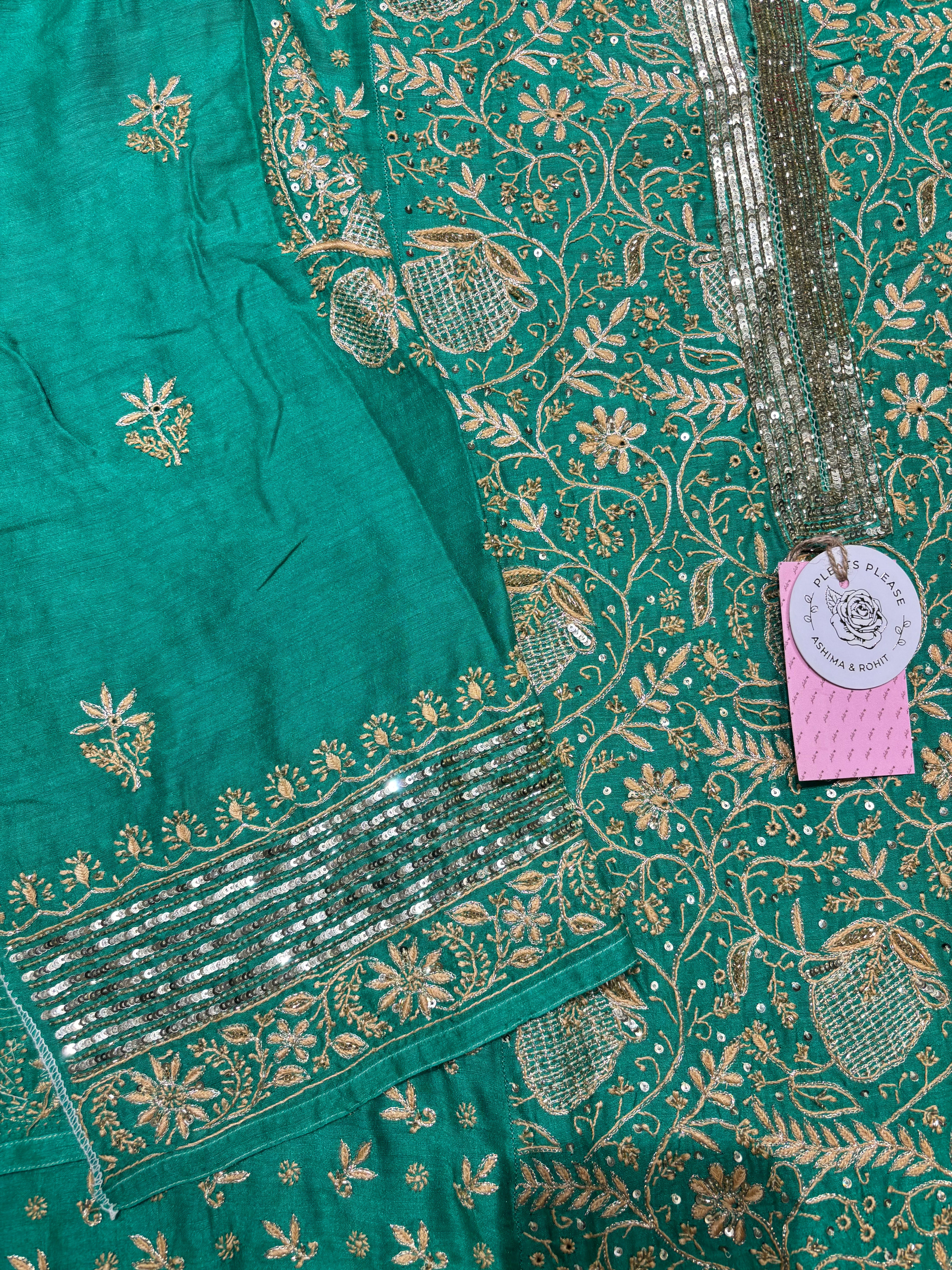 Green Monga Silk Chikankari Kurta and Dupatta