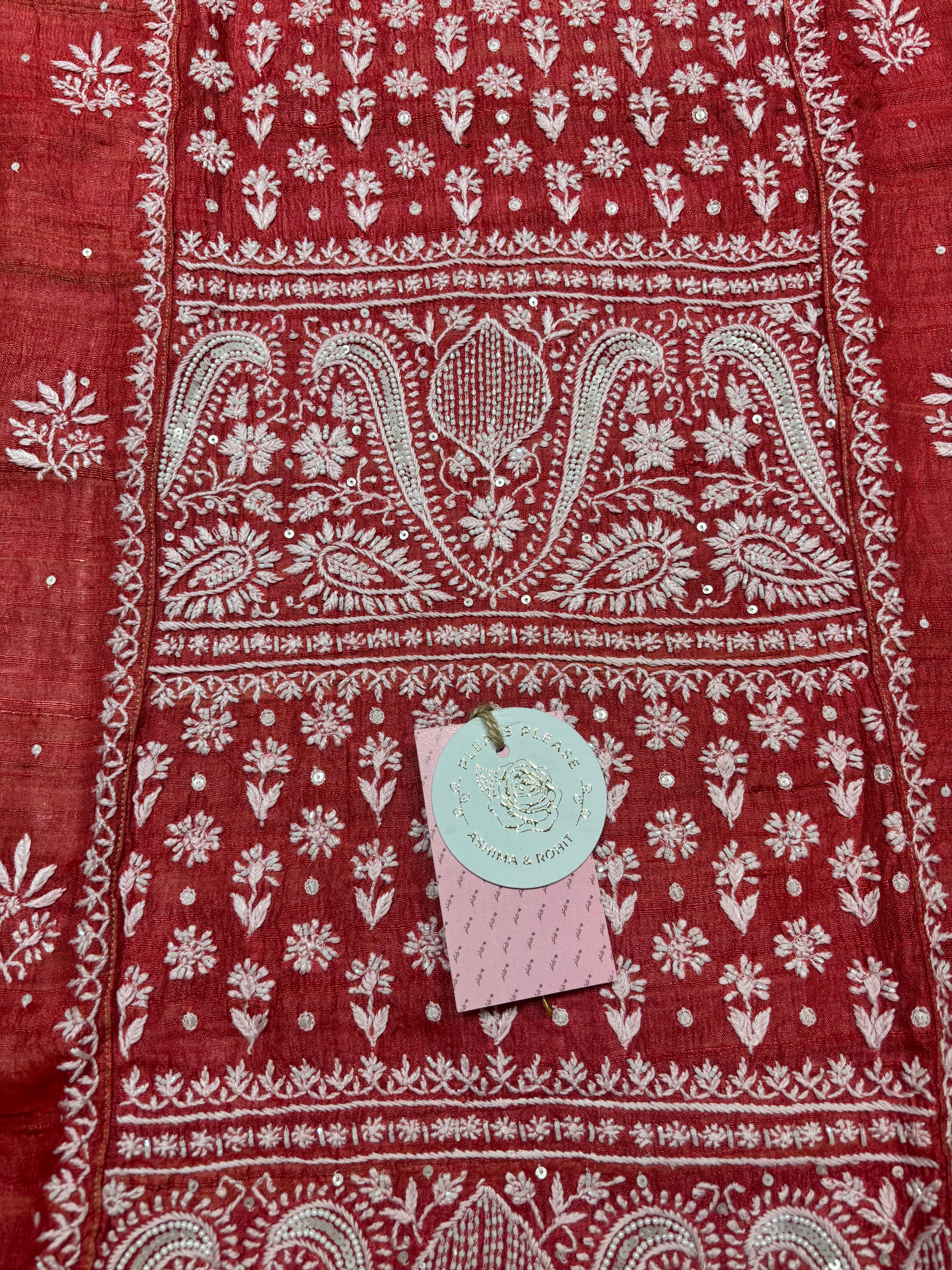 Red Pure & Premium Tussar Silk Chikankari Kurta & Dupatta Set