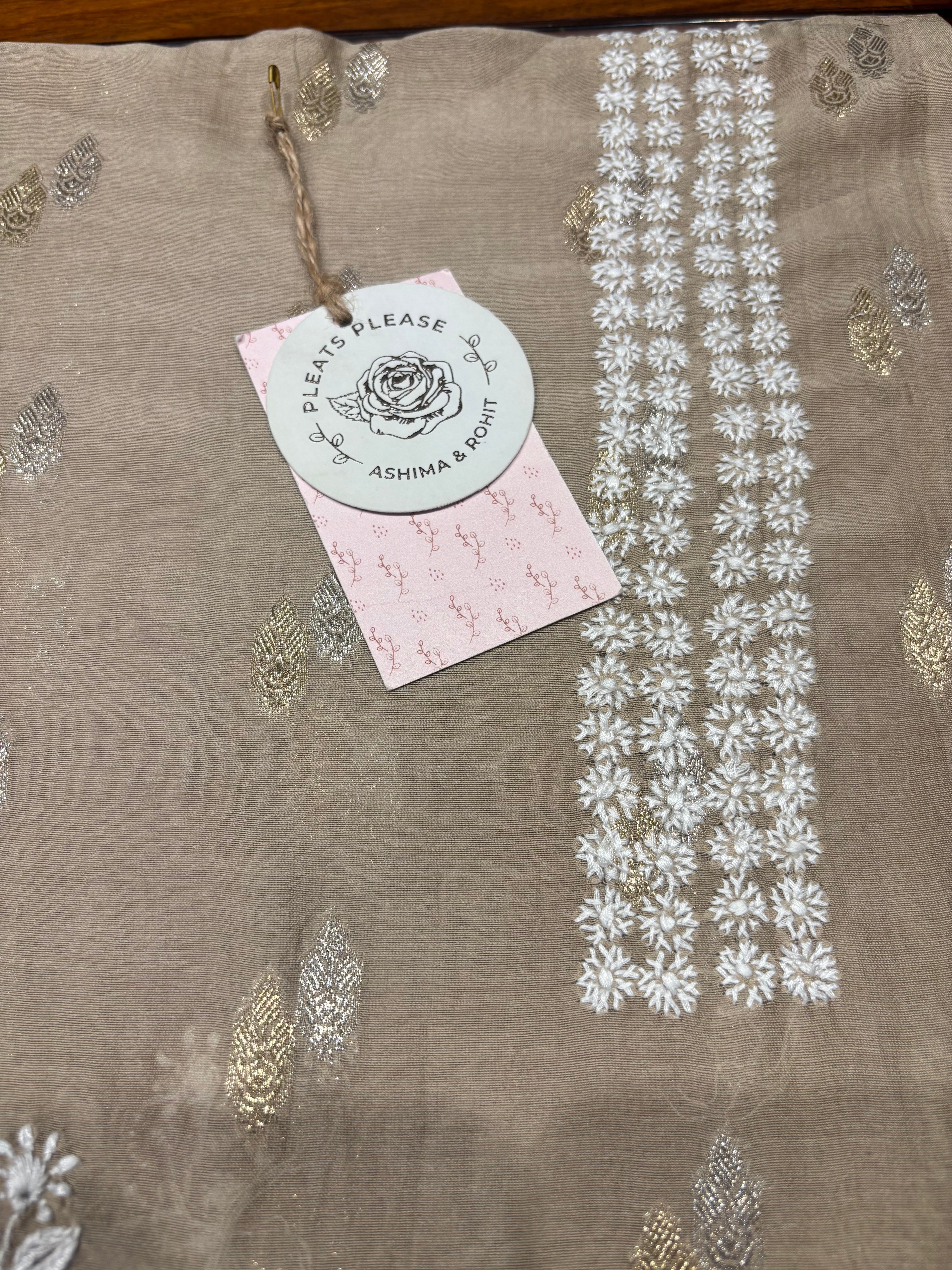 Brown Chanderi Silk Chikankari Men's Kurta Fabric