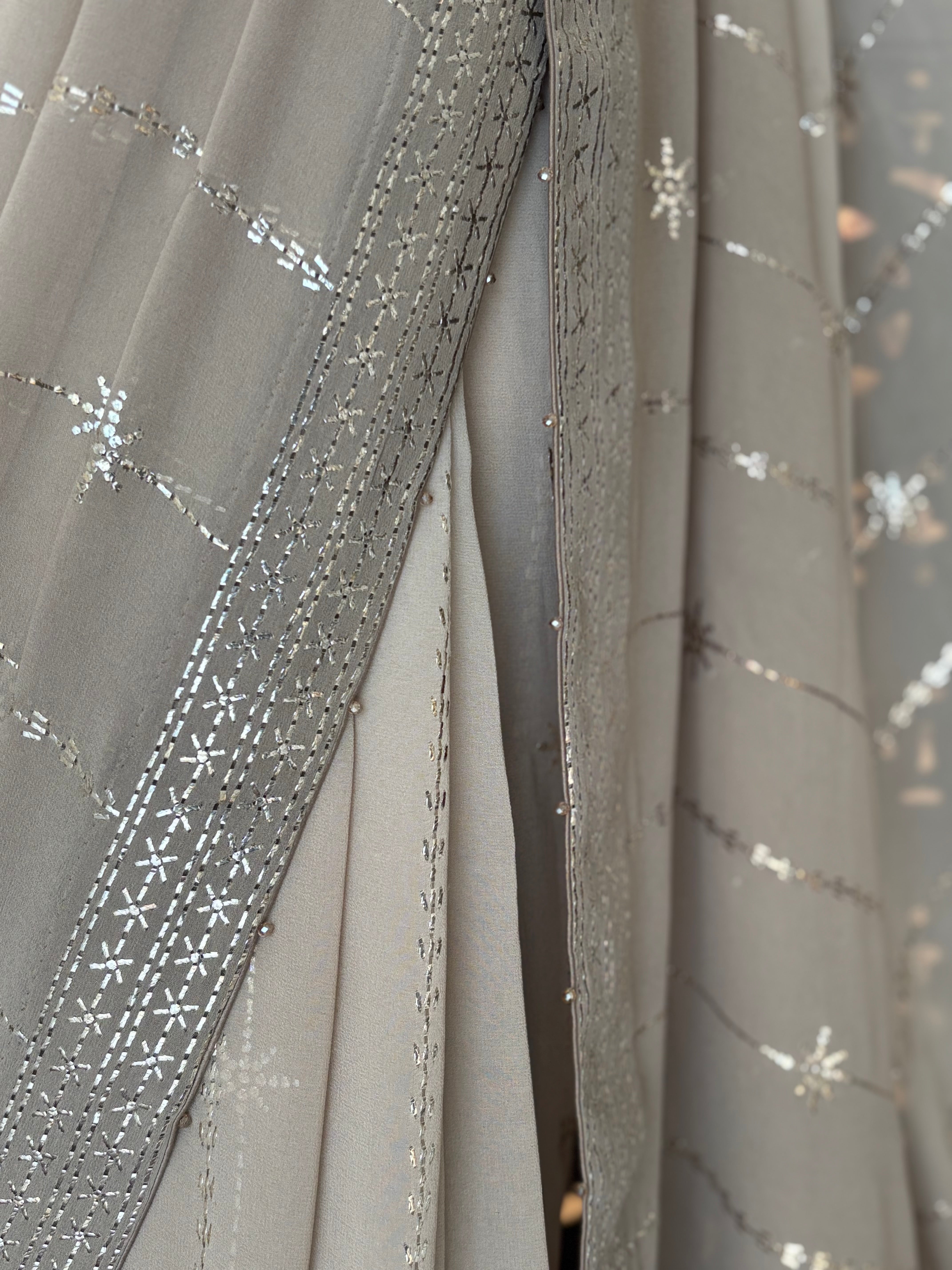 Hazelnut Brown Pure and Premium Georgette Mukaish Saree and Blouse - Pleats PleaseChikankari