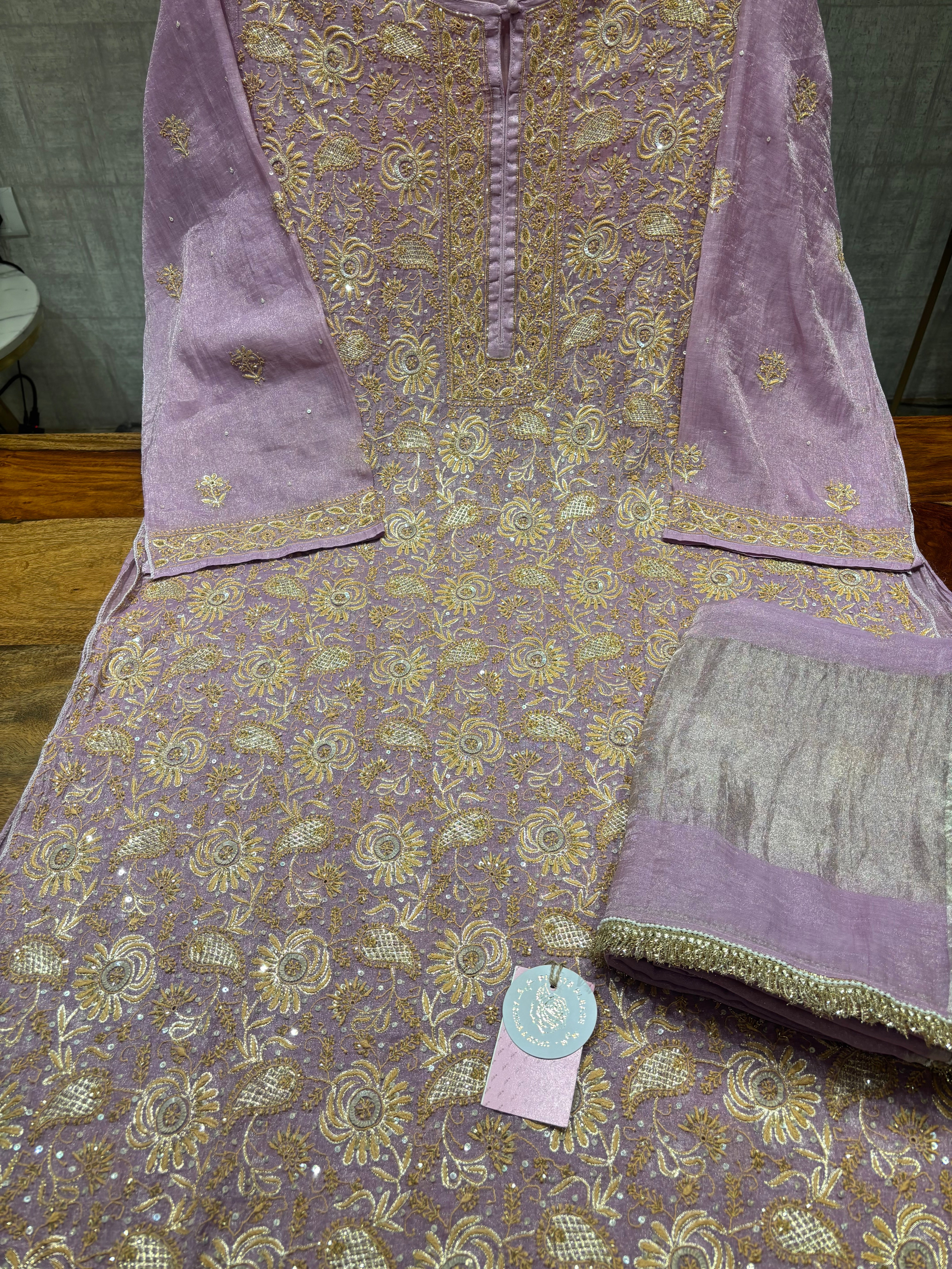 Lavender Pure & Premium Tissue Chikankari Kurta & Dupatta Set