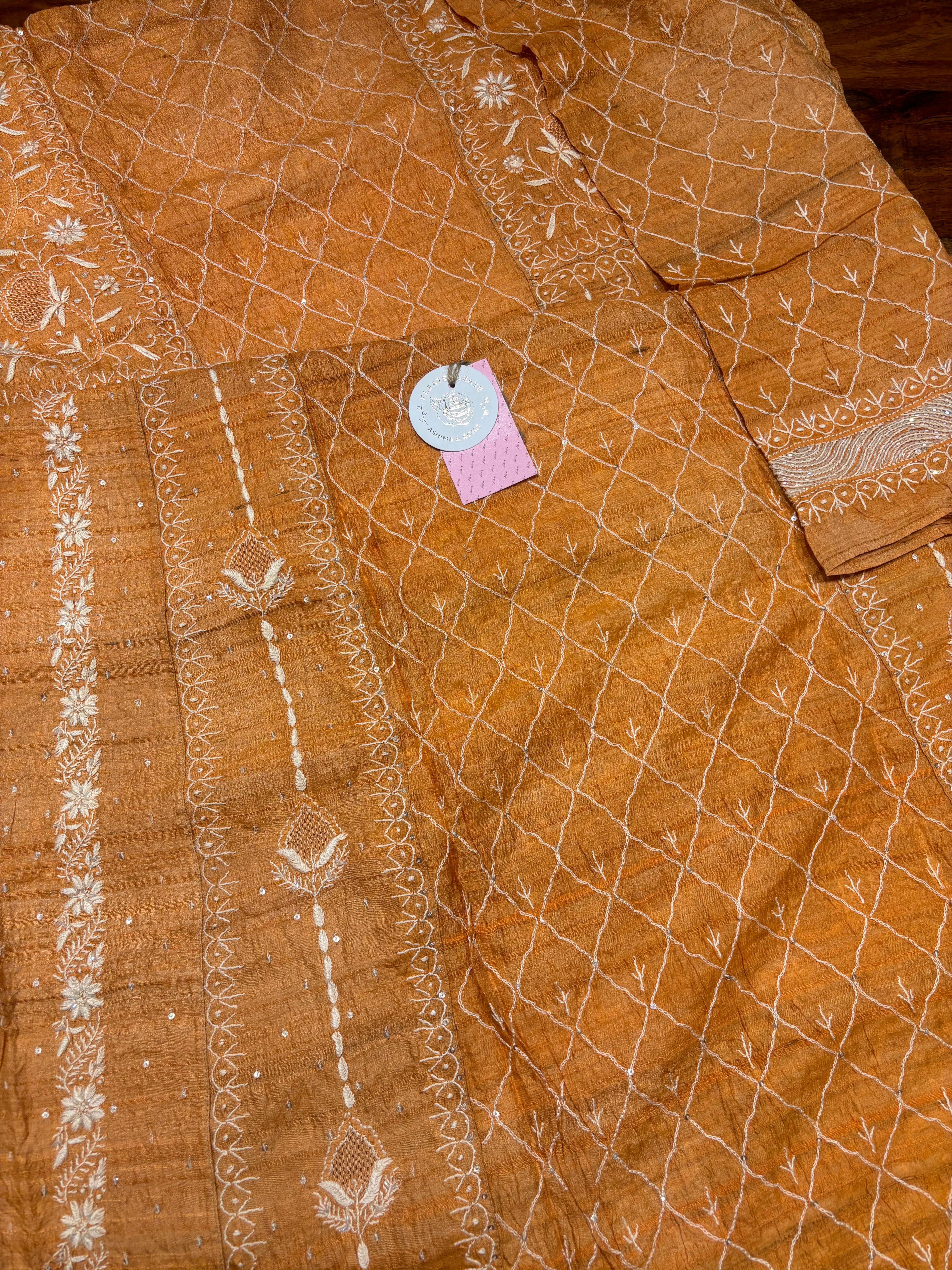 Orange Pure & Premium Tussar Silk Chikankari Anarkali & Dupatta Set