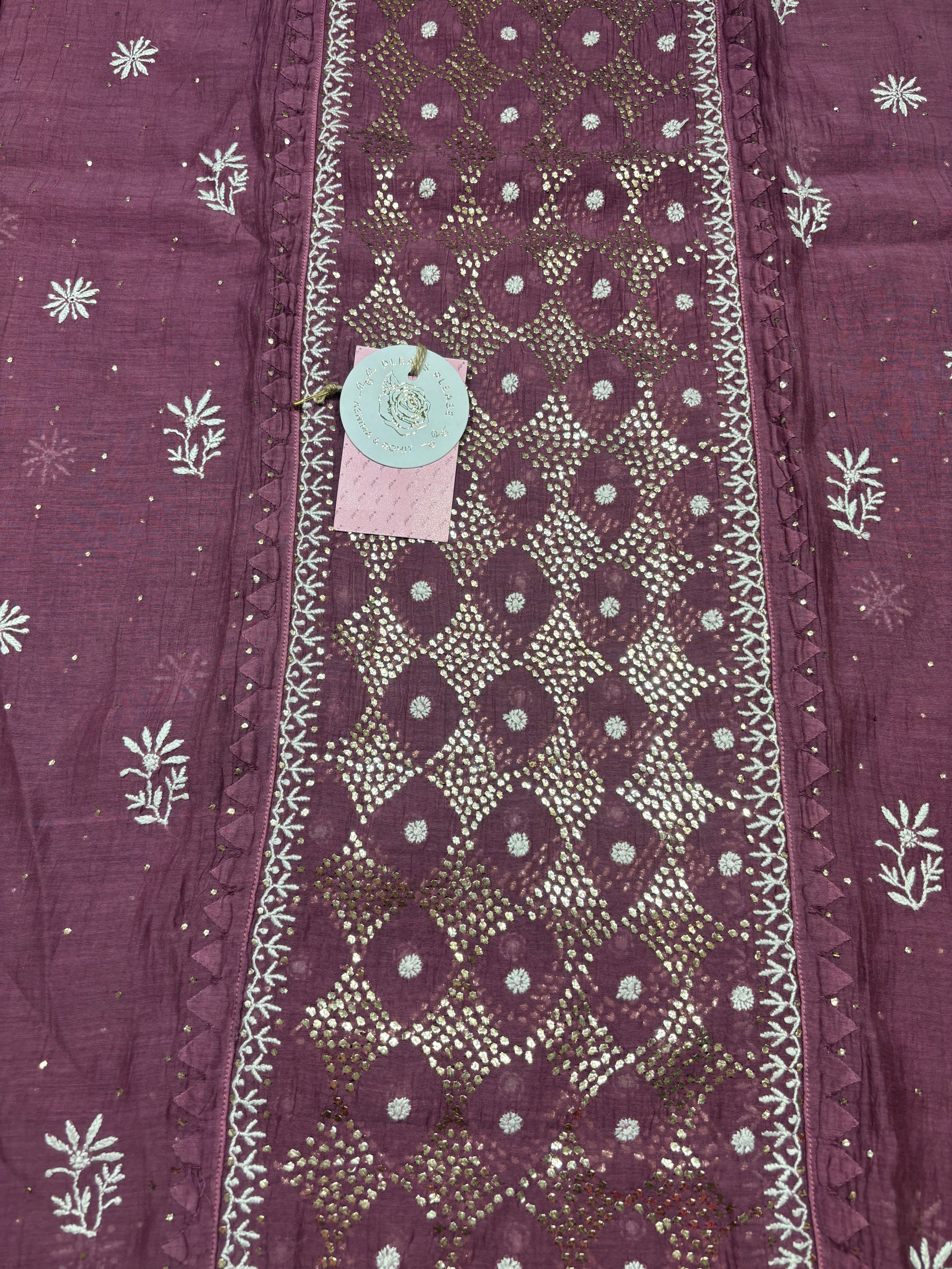 Aubergine Chanderi Mul Chikankari & Mukaish Kurta & Dupatta Set