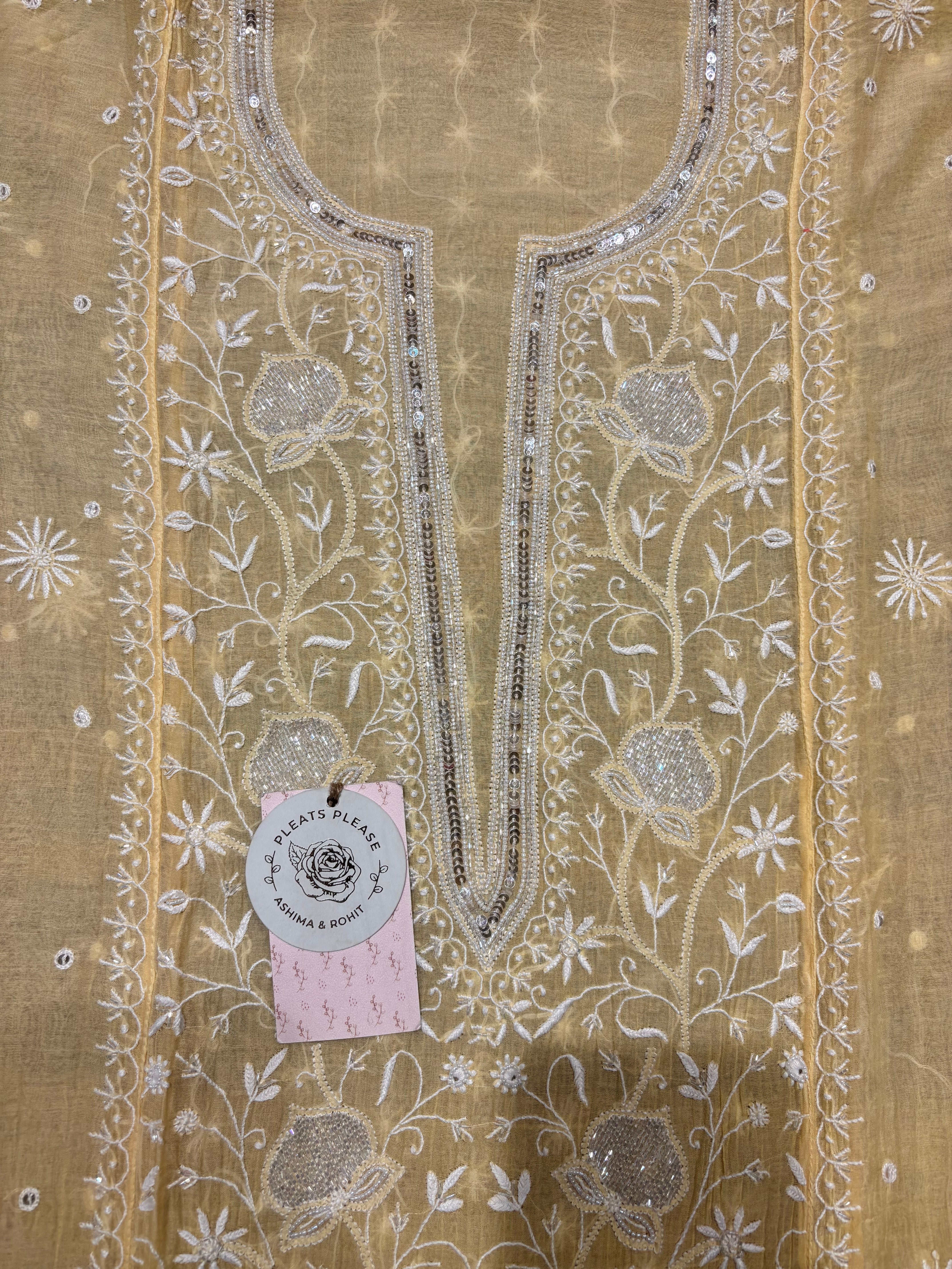 Butter Yellow Chanderi Mul Chikankari Kurta and Dupatta Set