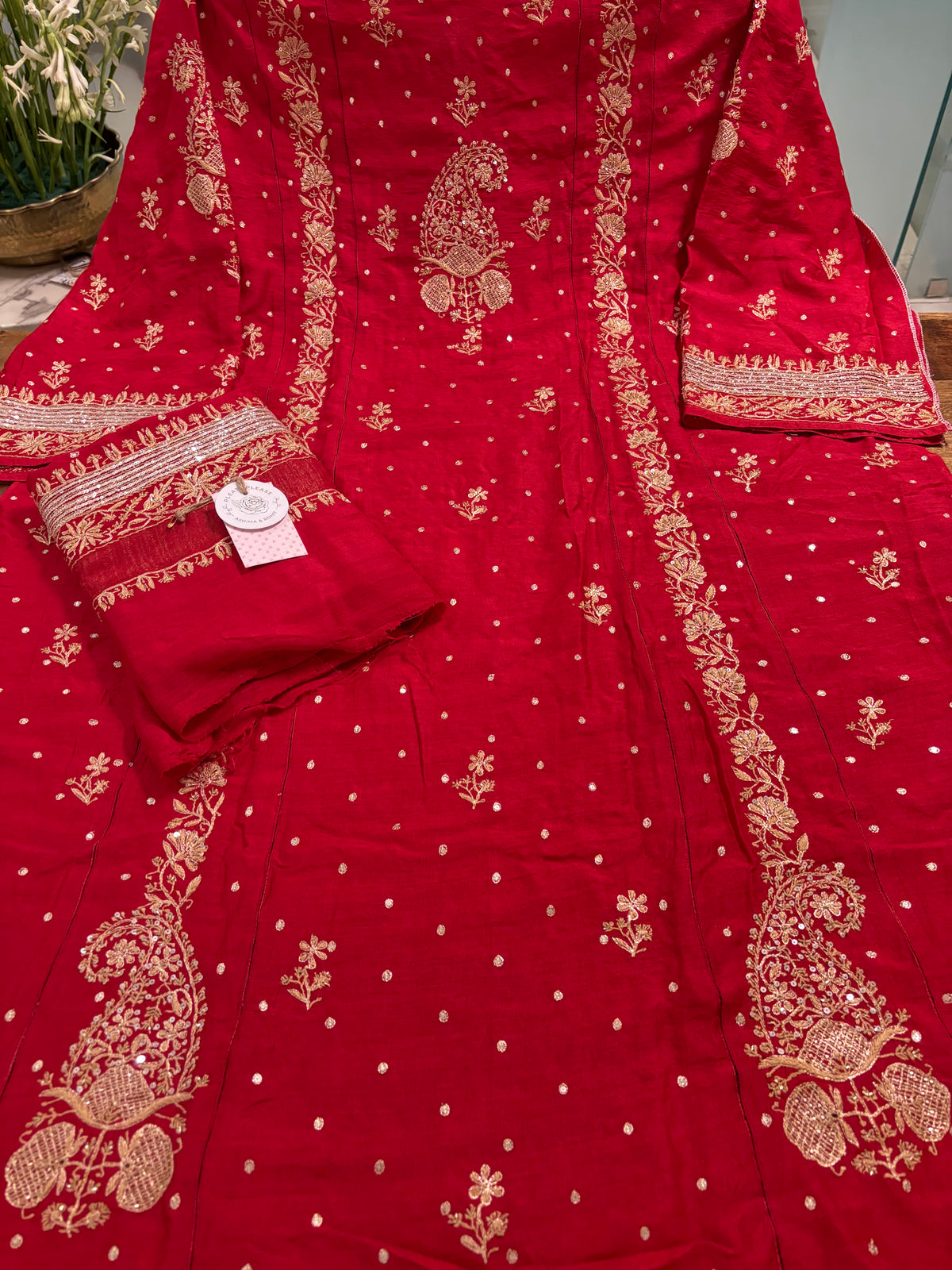 Crimson Red Monga Silk Chikankari Kurta & Dupatta