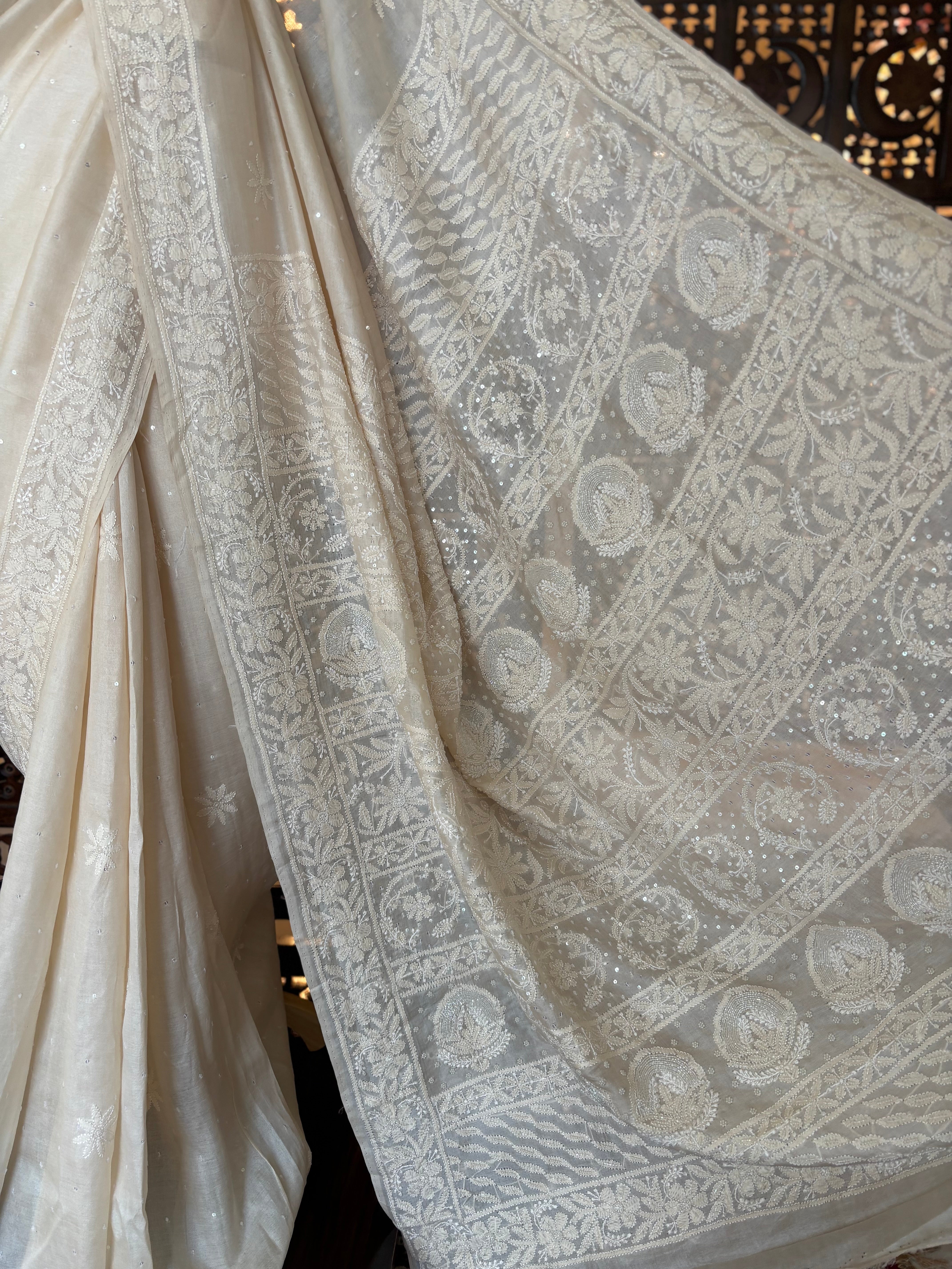 Dyeable Pure & Premium White Tussar Silk Chikankari Saree & Blouse