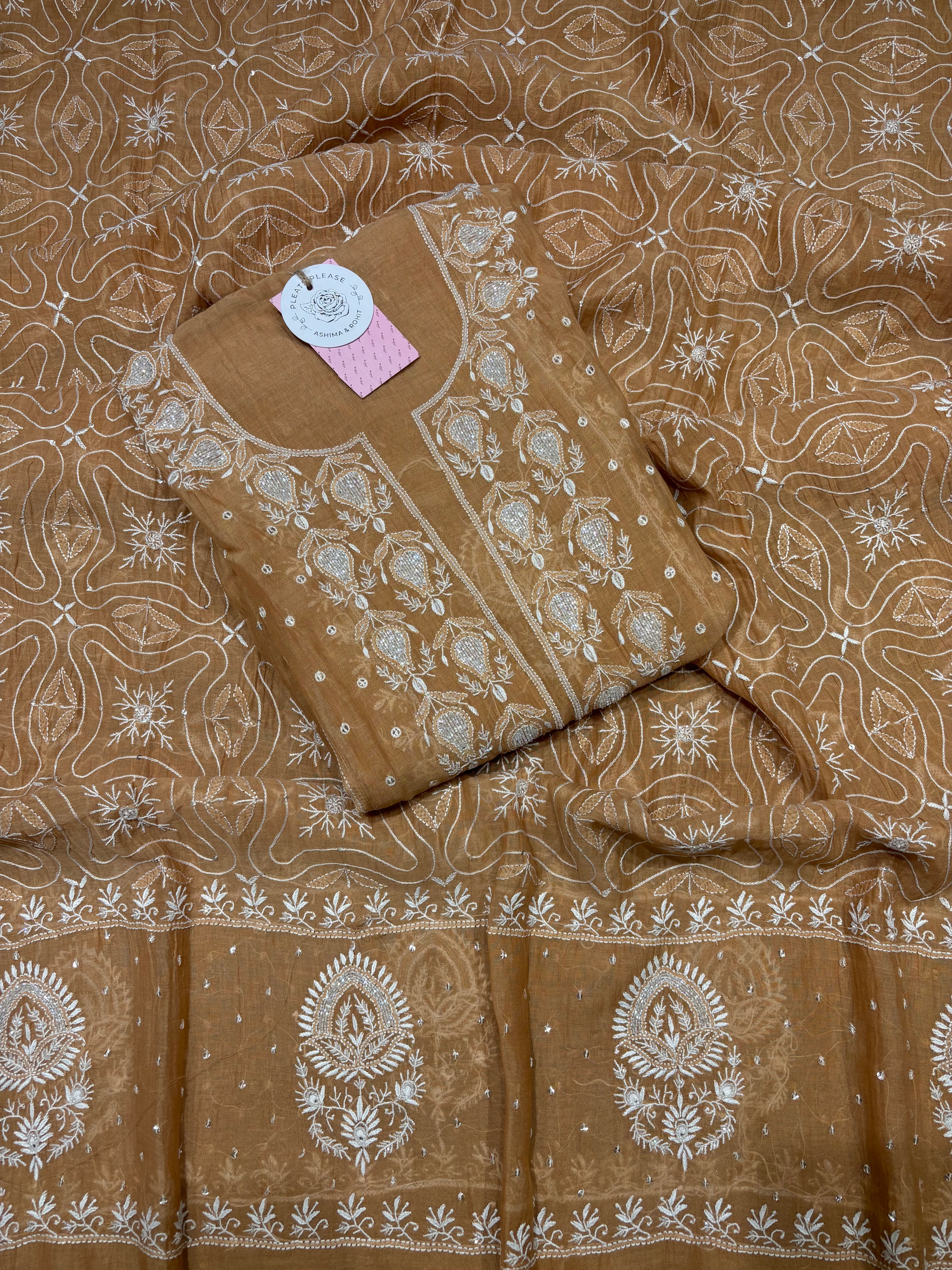 Chocolate Brown Chanderi Mul Chikankari Kurta & Dupatta Set
