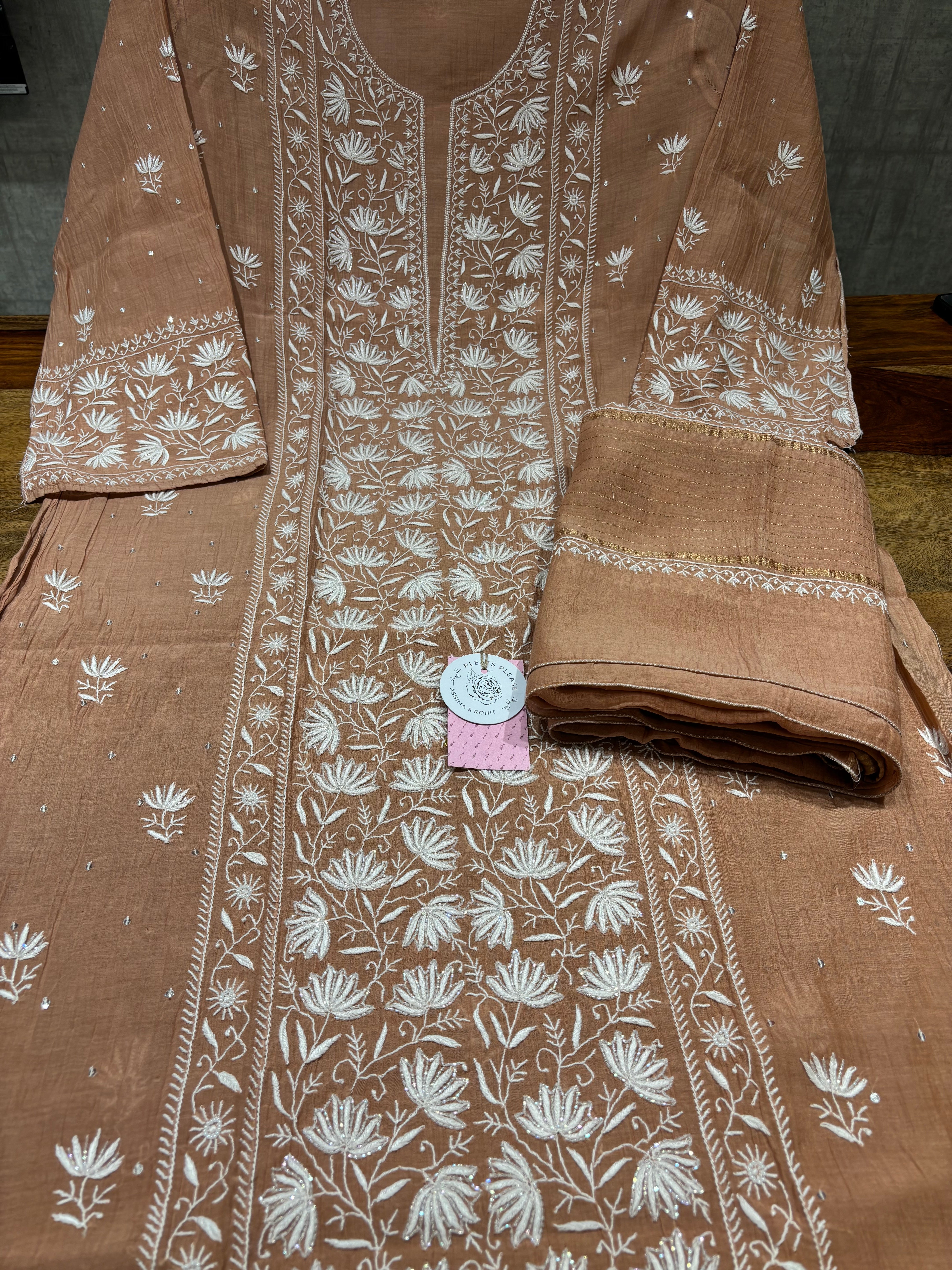 Rosegold Chanderi Mul Chikankari Kurta & Dupatta Set