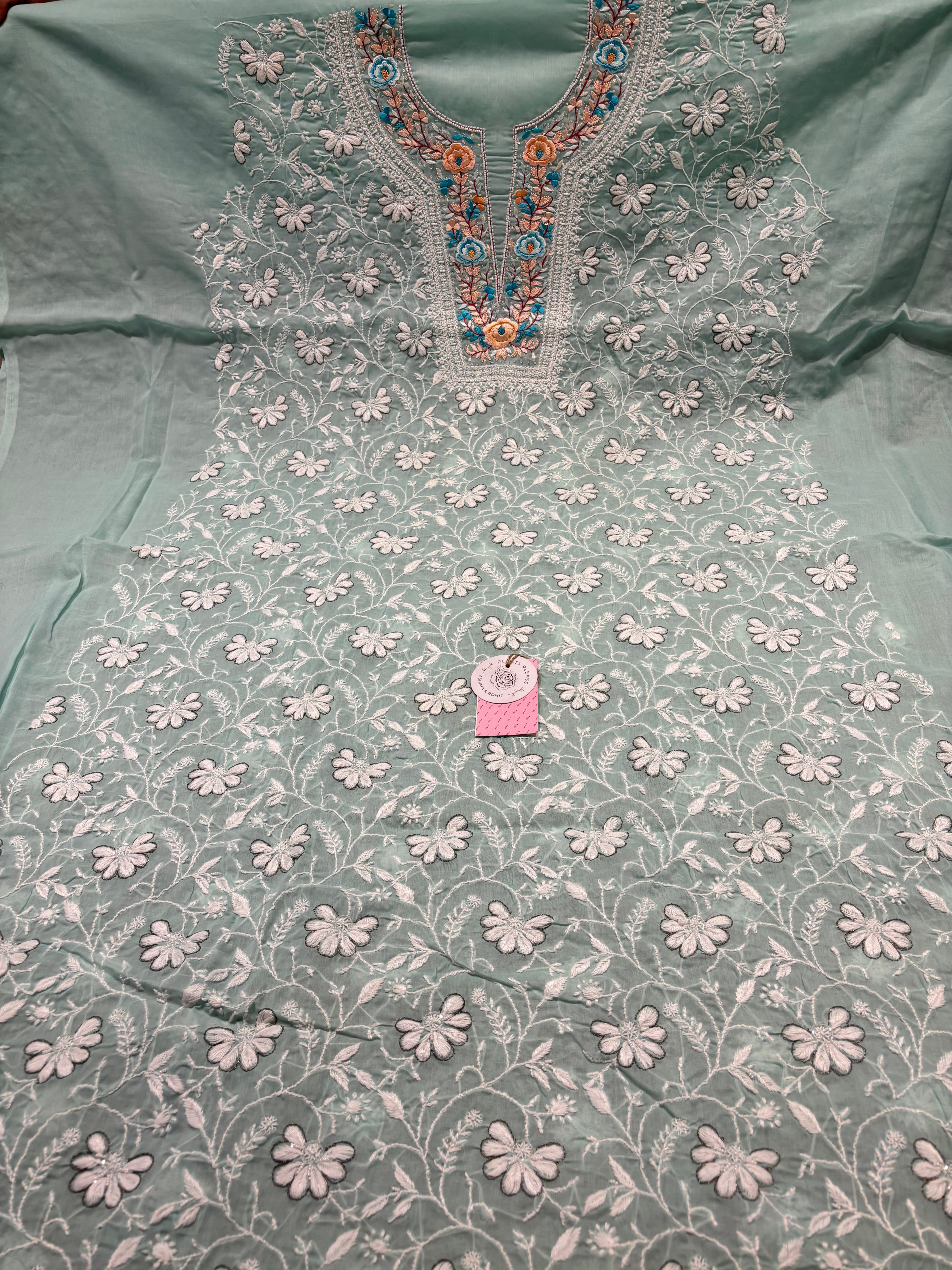 Mint Green Cotton Chikankari Kurta Fabric