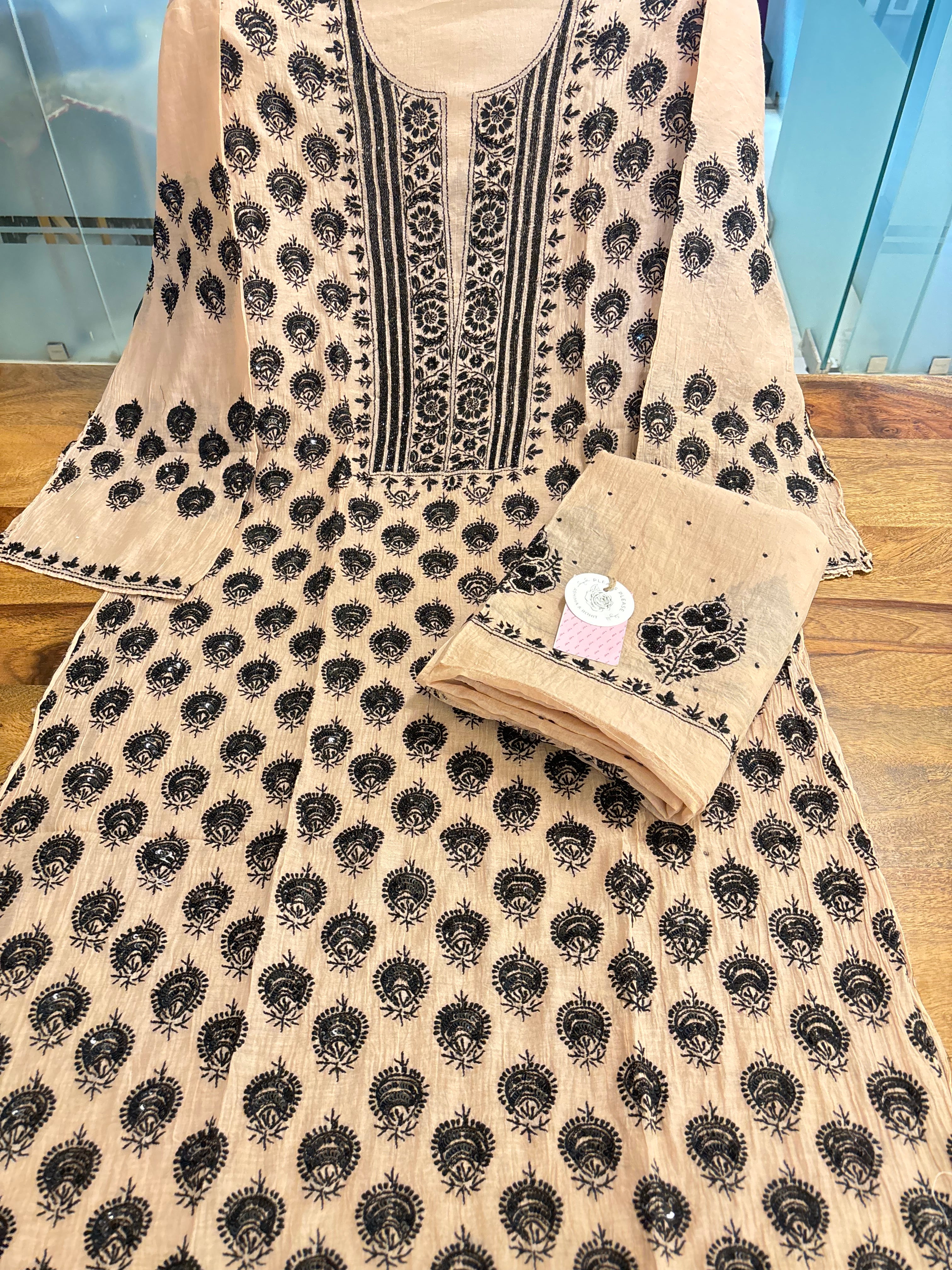 Beige Chanderi Chikankari Kurta & Dupatta