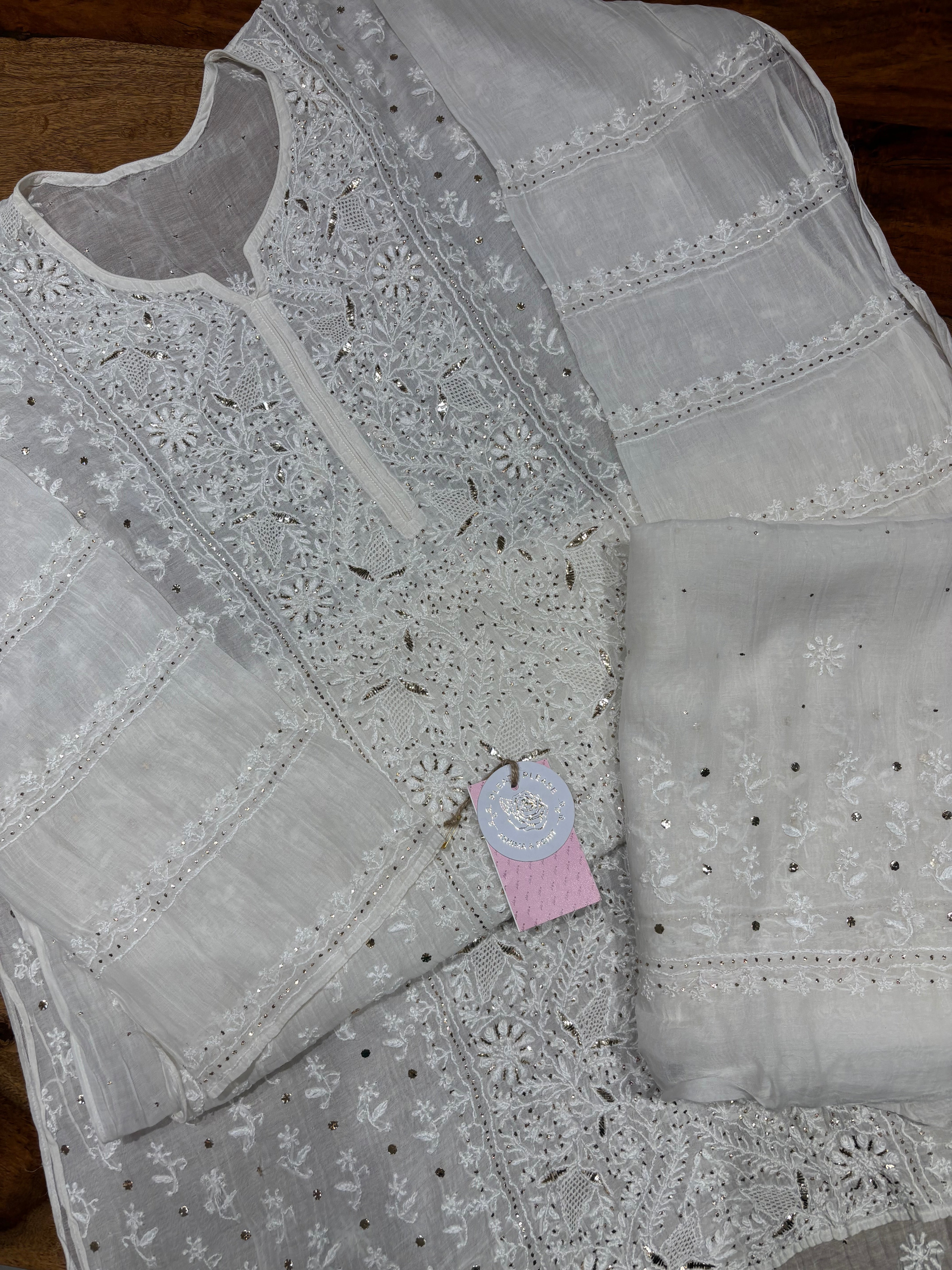 Dyeable Chanderi Mul Chikankari & Mukaish Kurta & Dupatta Set