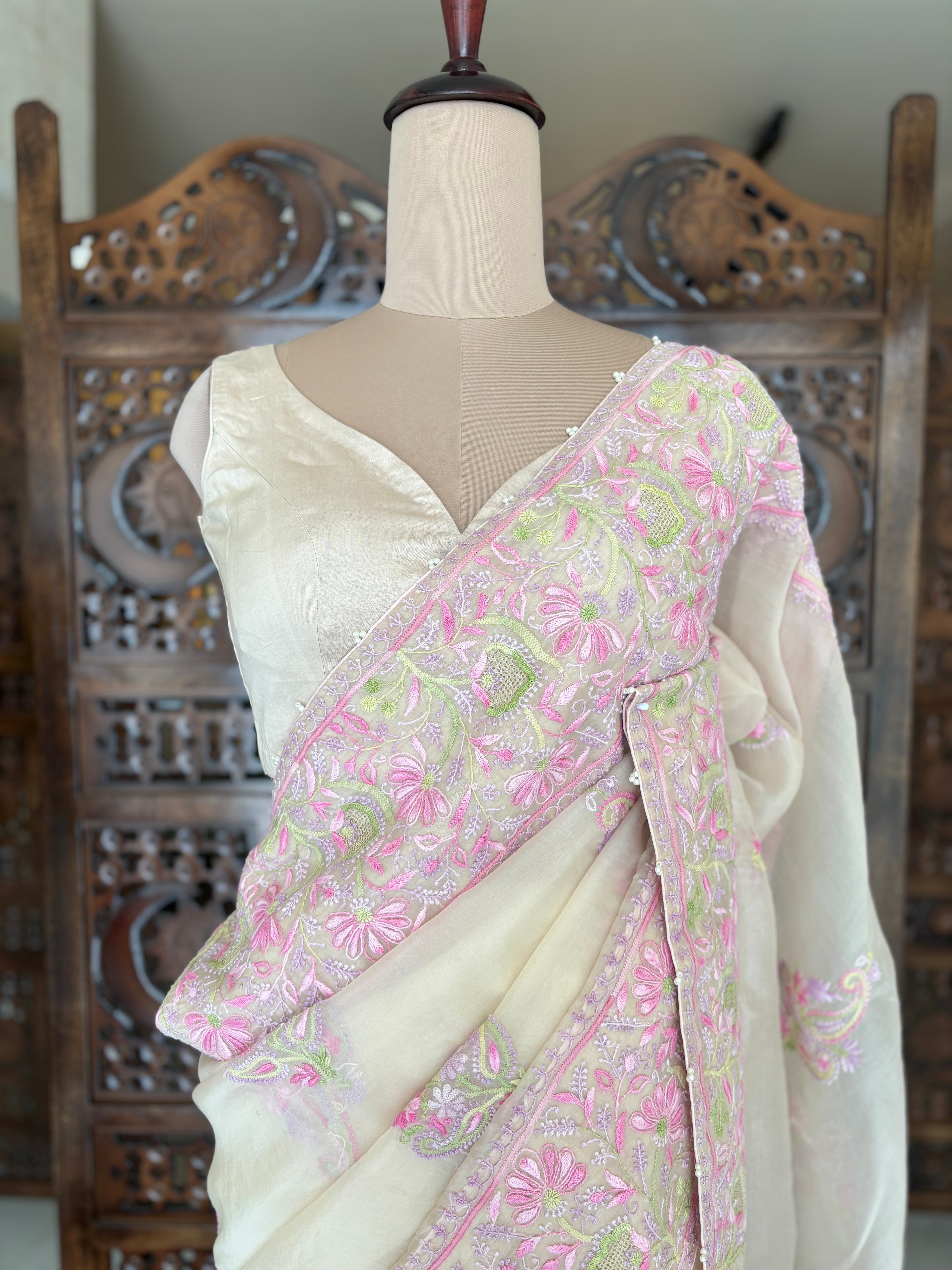 Nude Peach Pure & Premium Organza Chikankari Saree & Blouses - Pleats PleaseChikankari