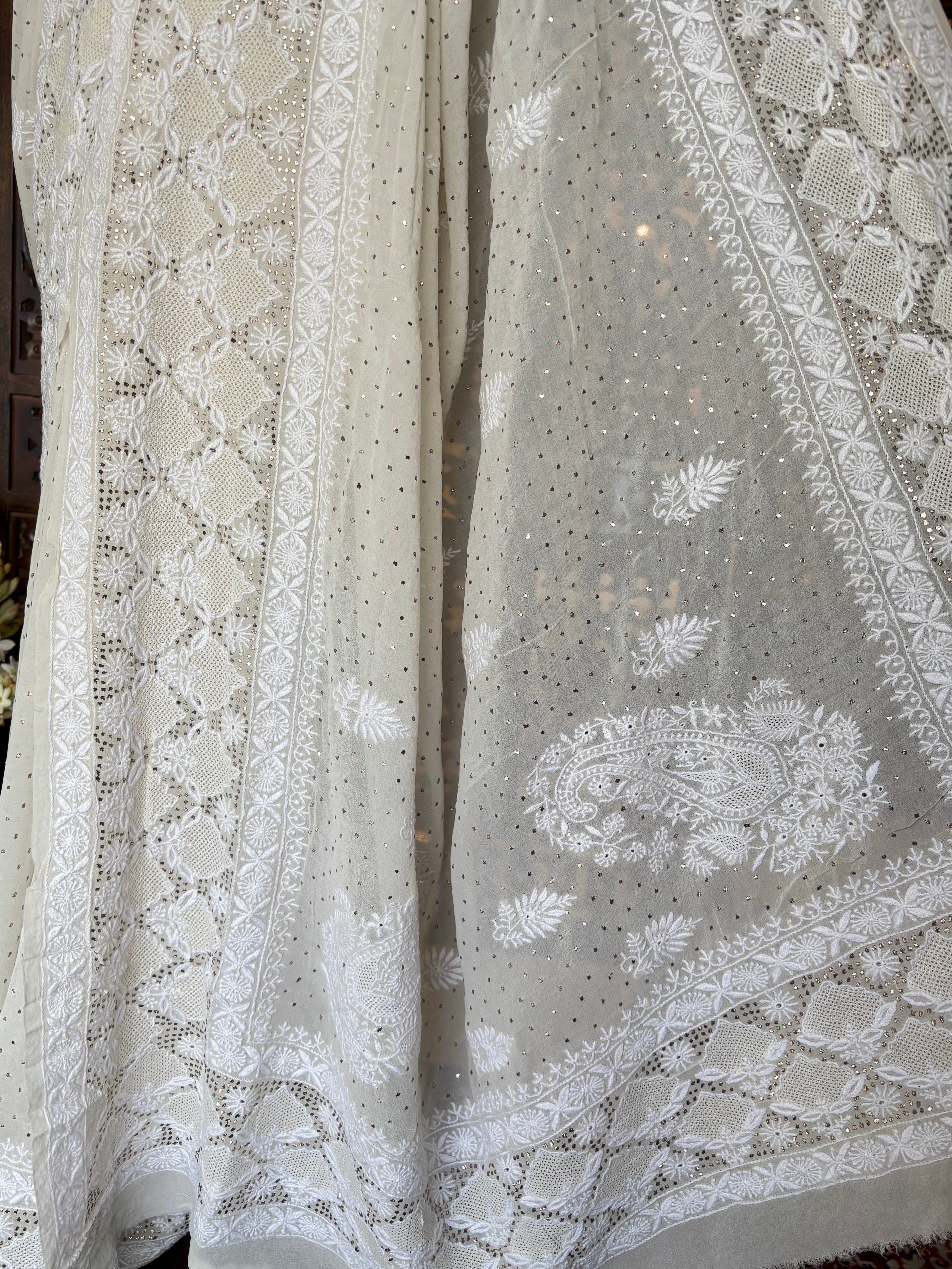 Dyeable Pure & Premium Georgette Mukaish Chikankari Saree