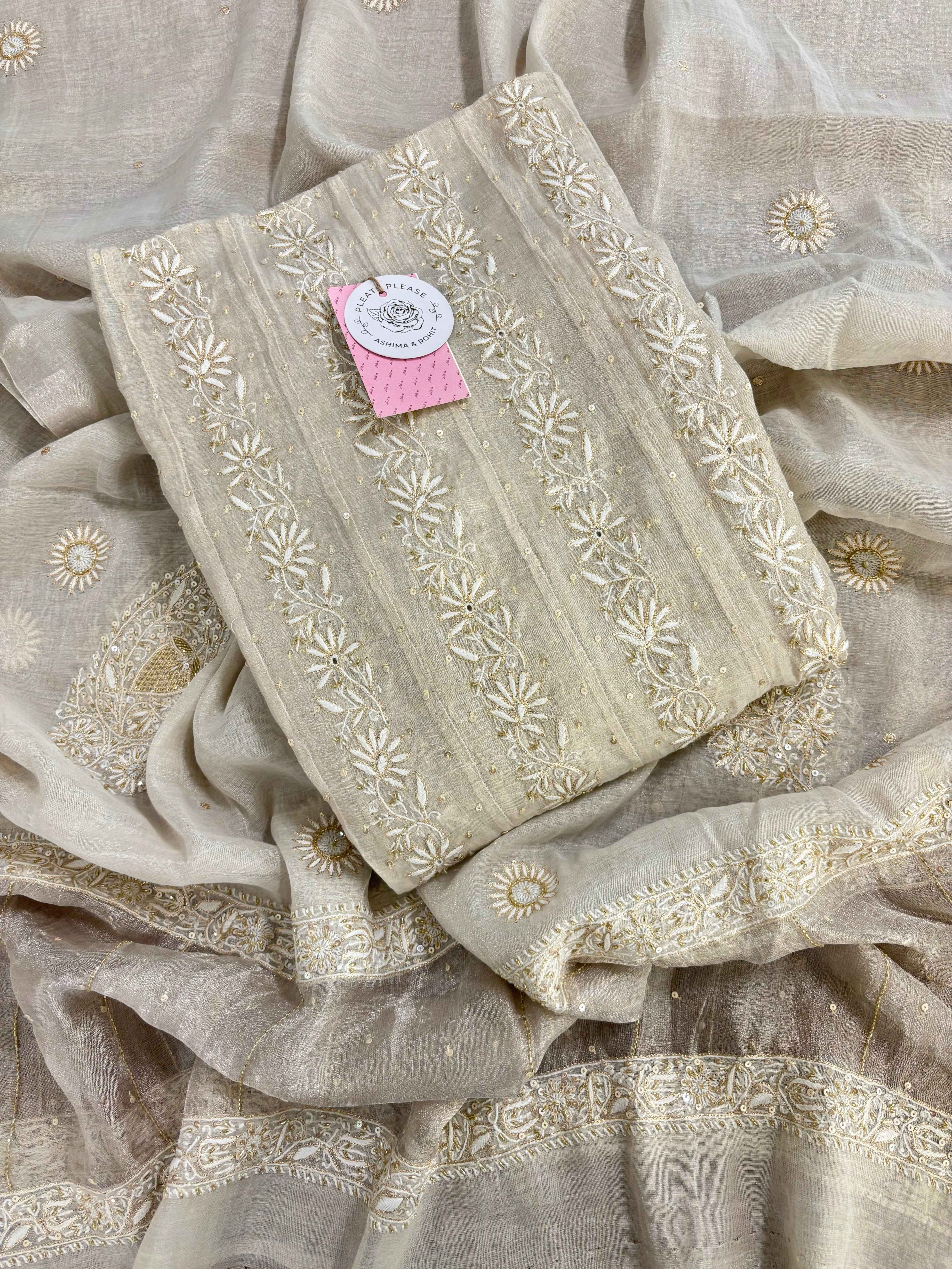 Dyeable Pure & Premium Silver Tissue Chikankari Anarkali & Dupatta