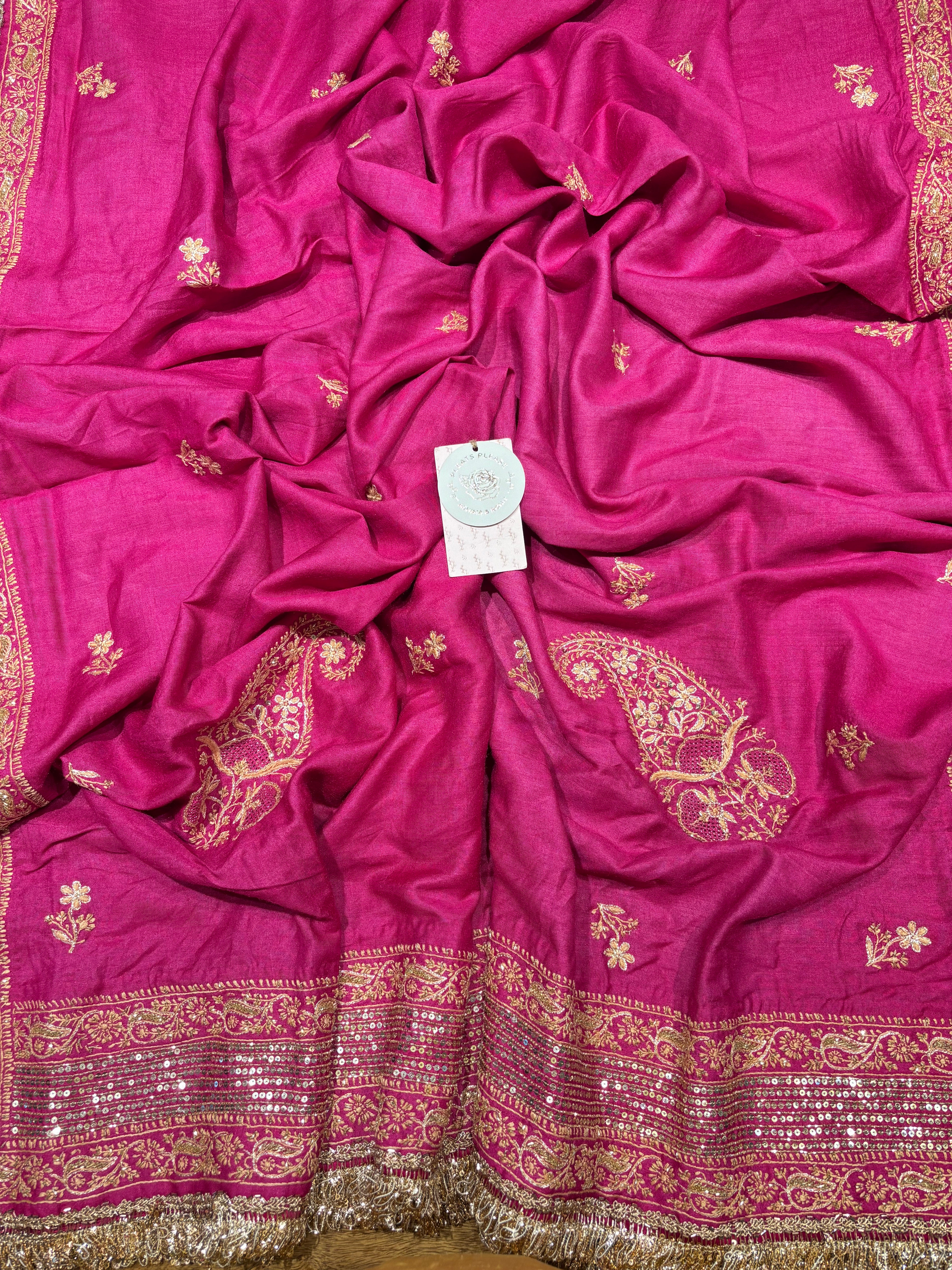 Fuschia Pink Monga Silk Chikankari A-Line Anarkali & Dupatta Set