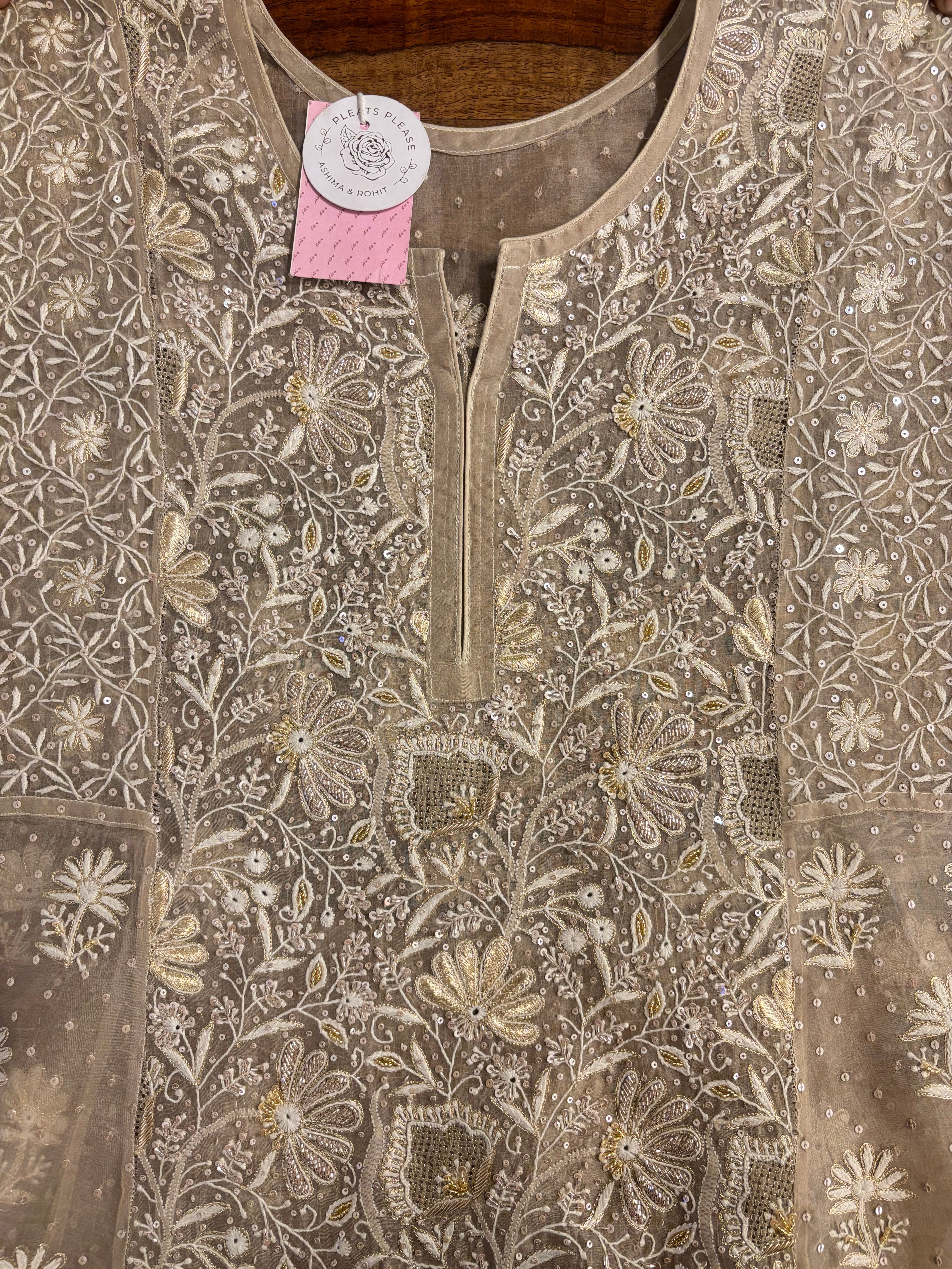 Deep Sand Organza Chikankari Anarkali & Dupatta Set