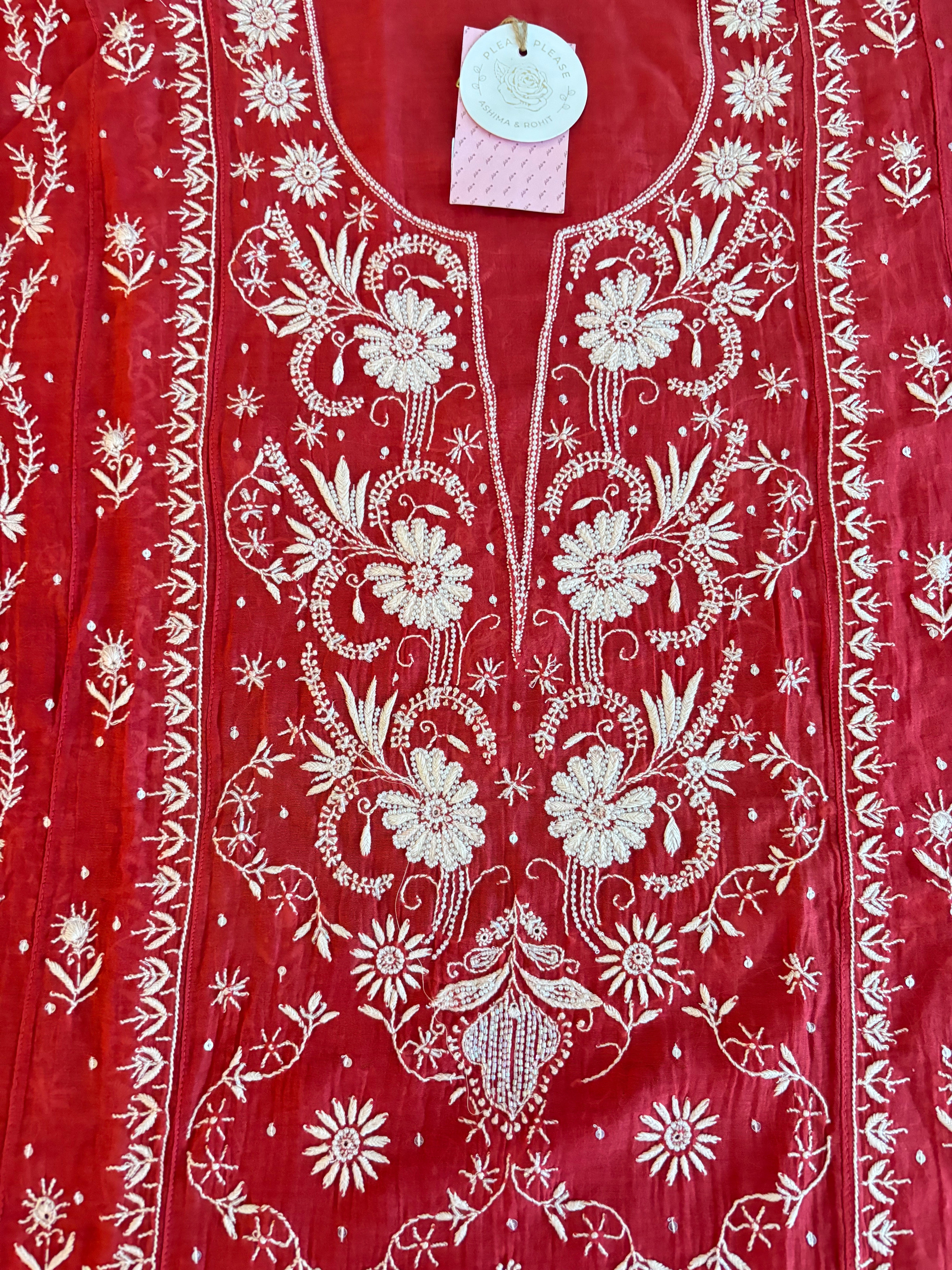 Red Chanderi Chikankari Anarkali & Dupatta