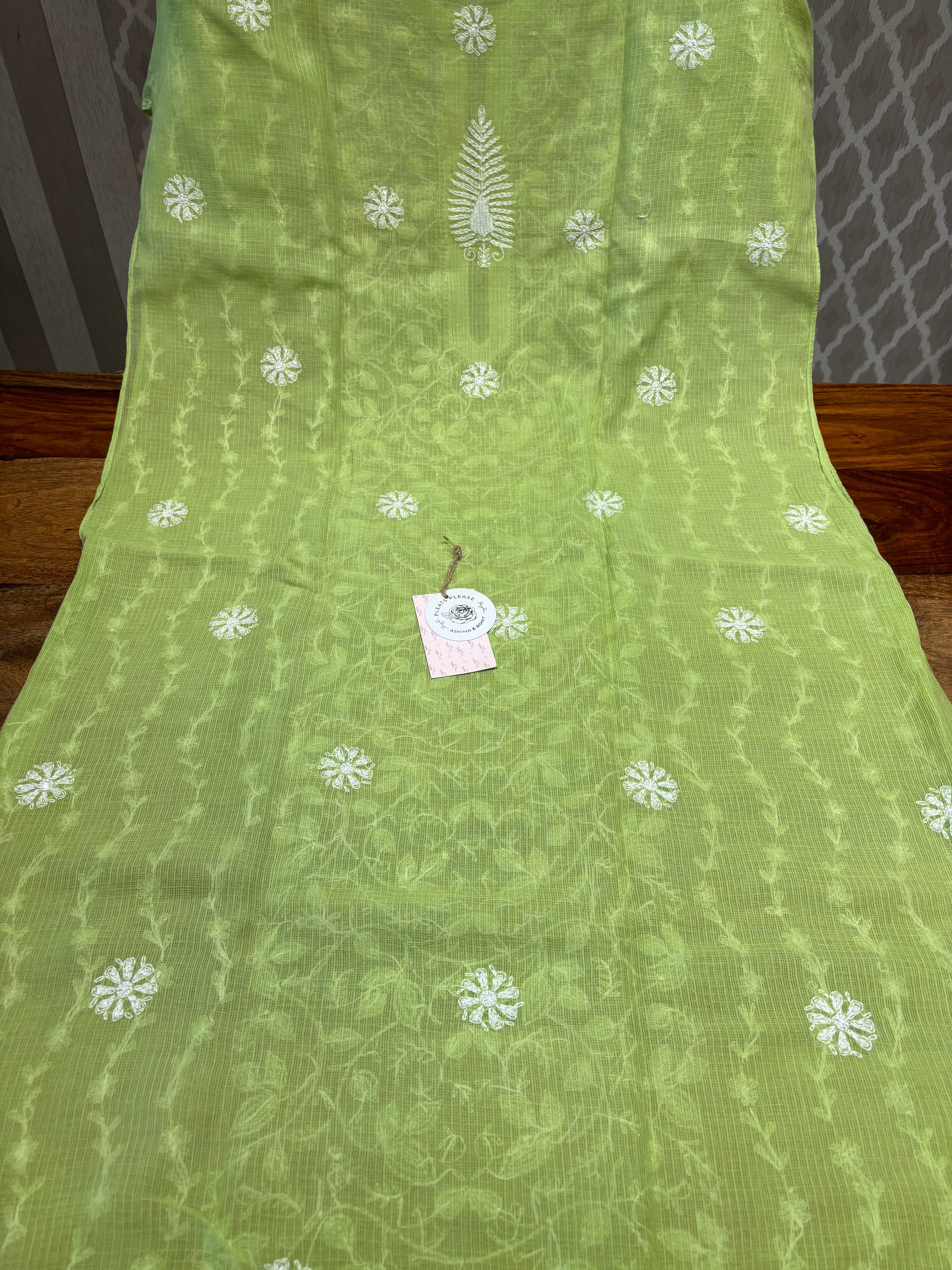Parrot Green Kota Doria Chikankari Kurta And Dupatta Set