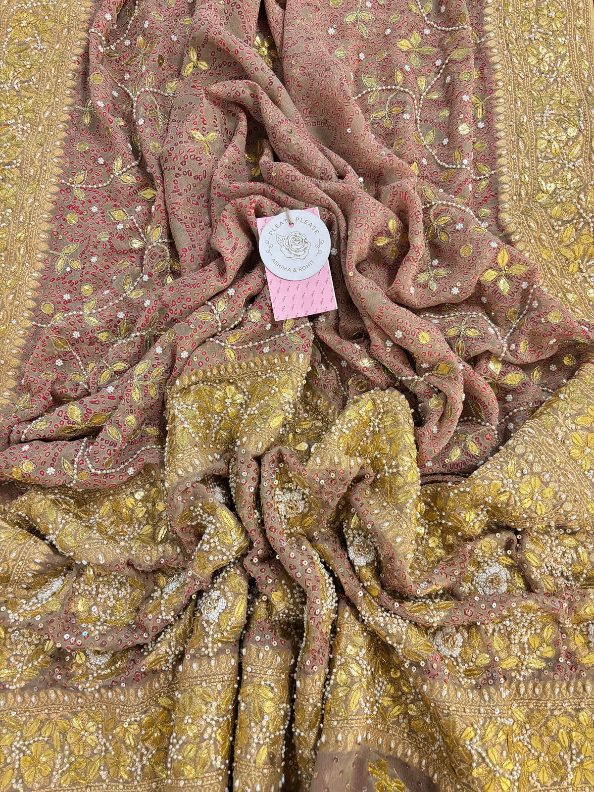 Warm Taupe-Brown Pure Georgette Bandhej Gota Patti Zardozi Dupatta