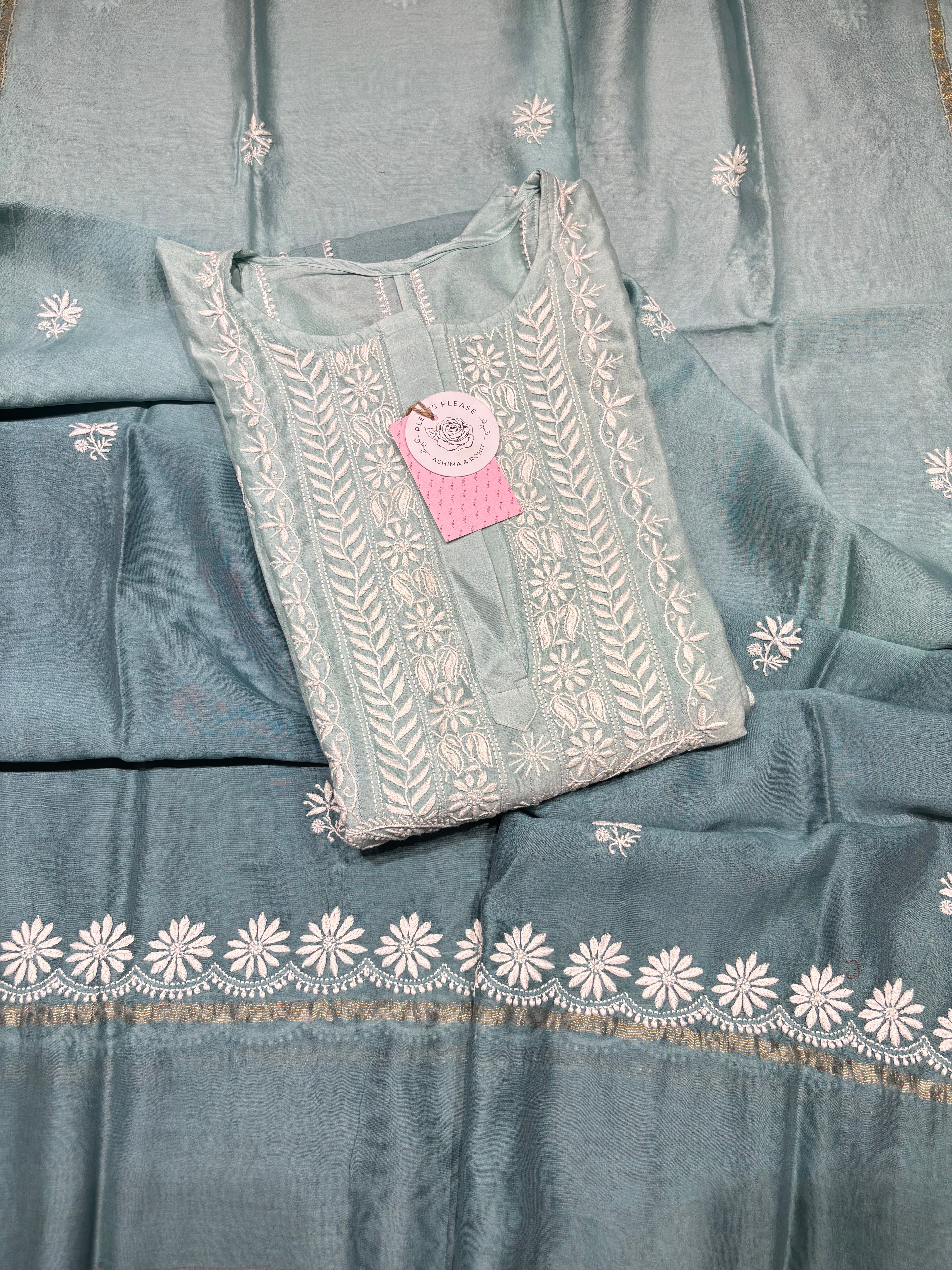 Aqua Blue Chanderi Silk Chikankari Anarkali & Dupatta Set