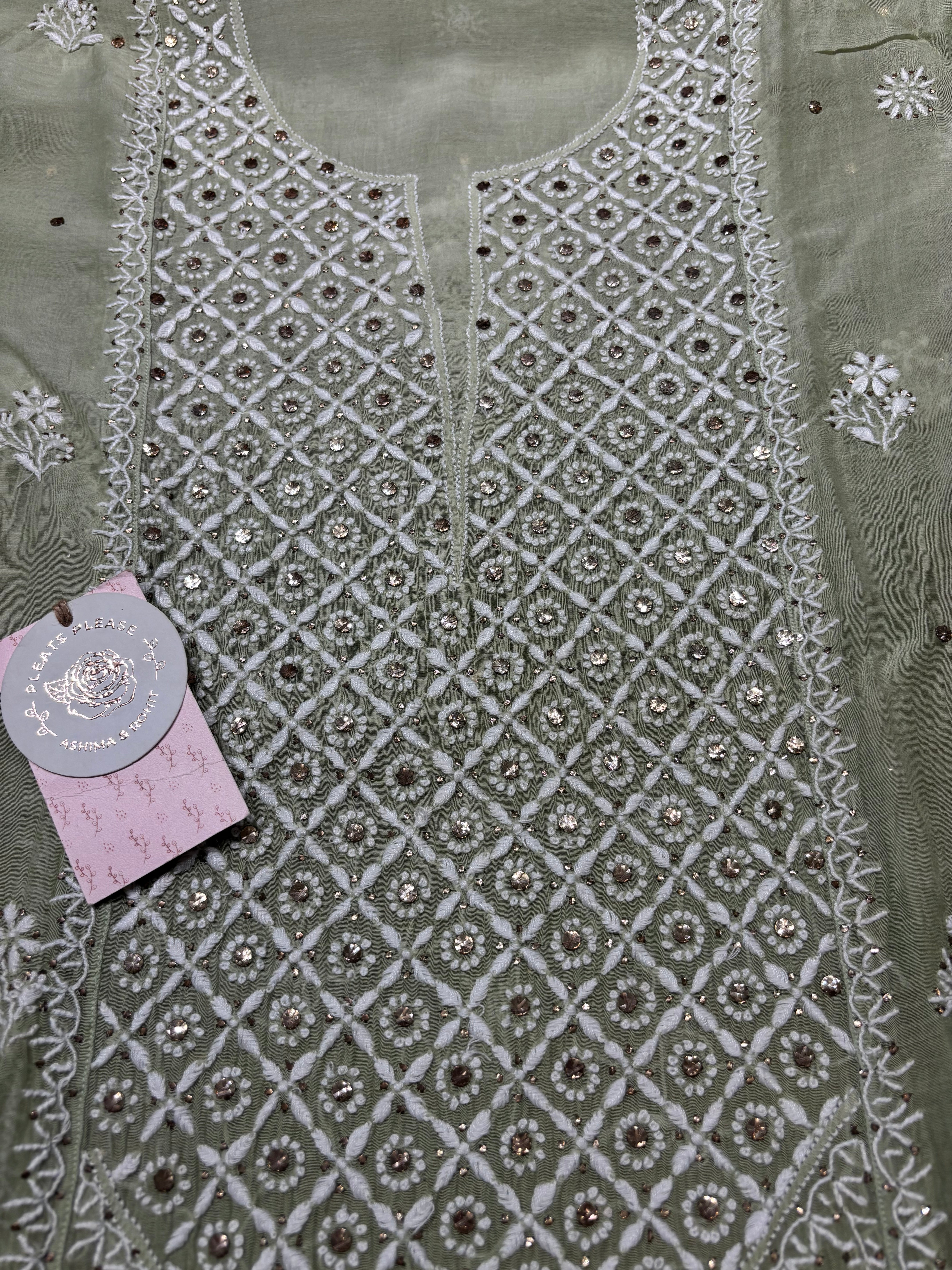 Sage Green Chanderi Mul Chikankari Kurta and Dupatta set