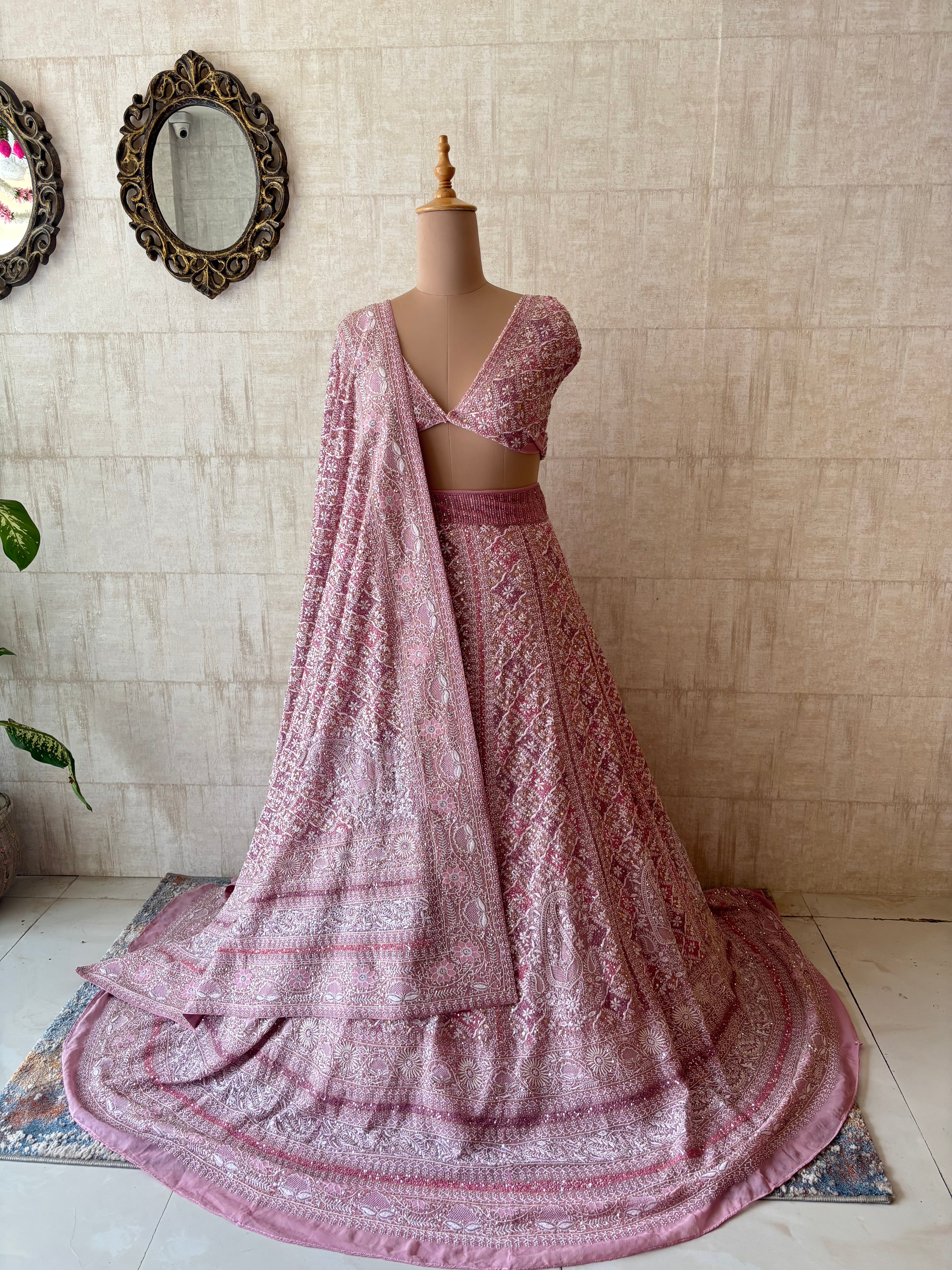 Onion Pink Pure & Premium Georgette Chikankari Lehenga Set