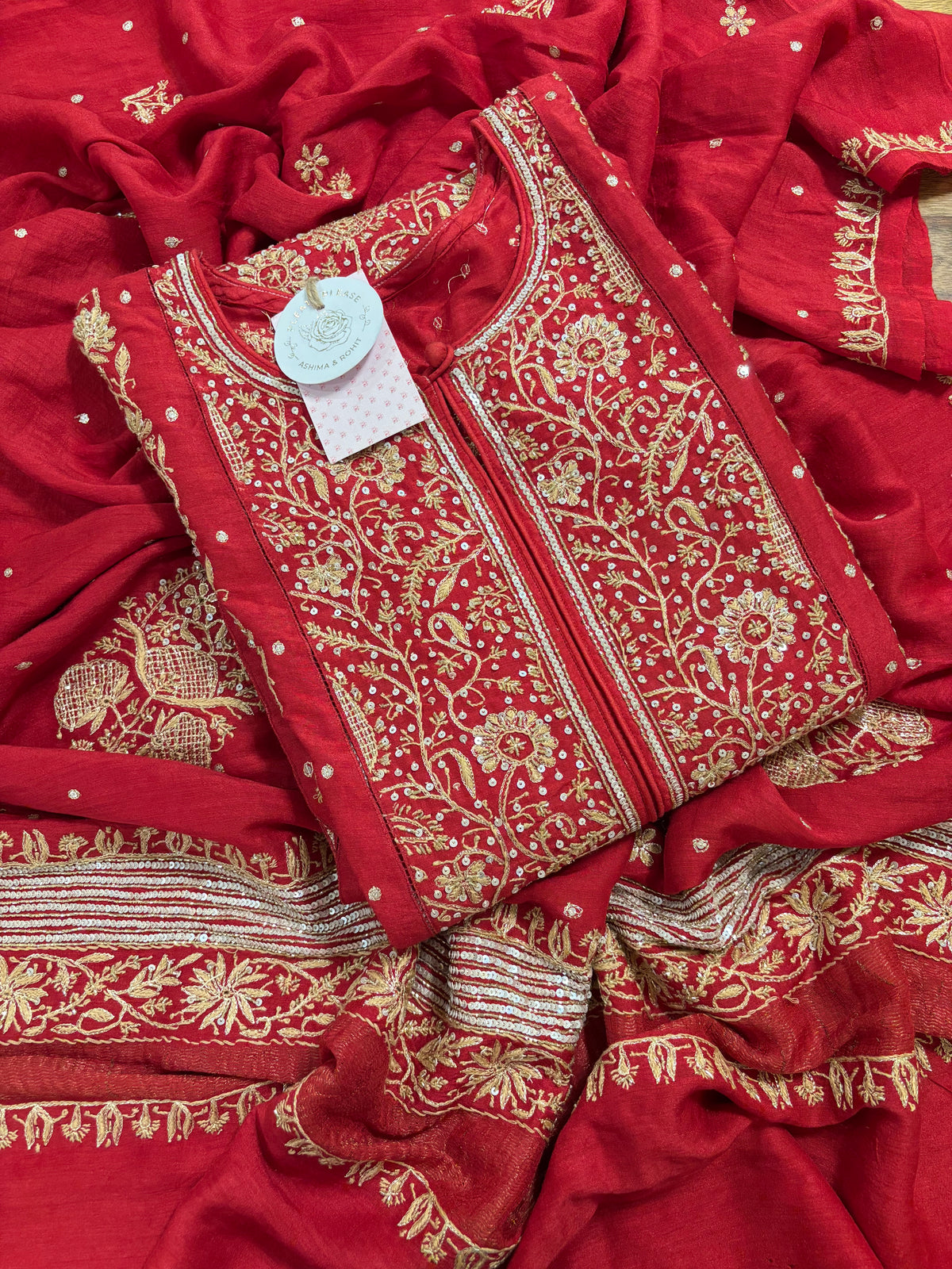 Crimson Red Monga Silk Chikankari Kurta & Dupatta