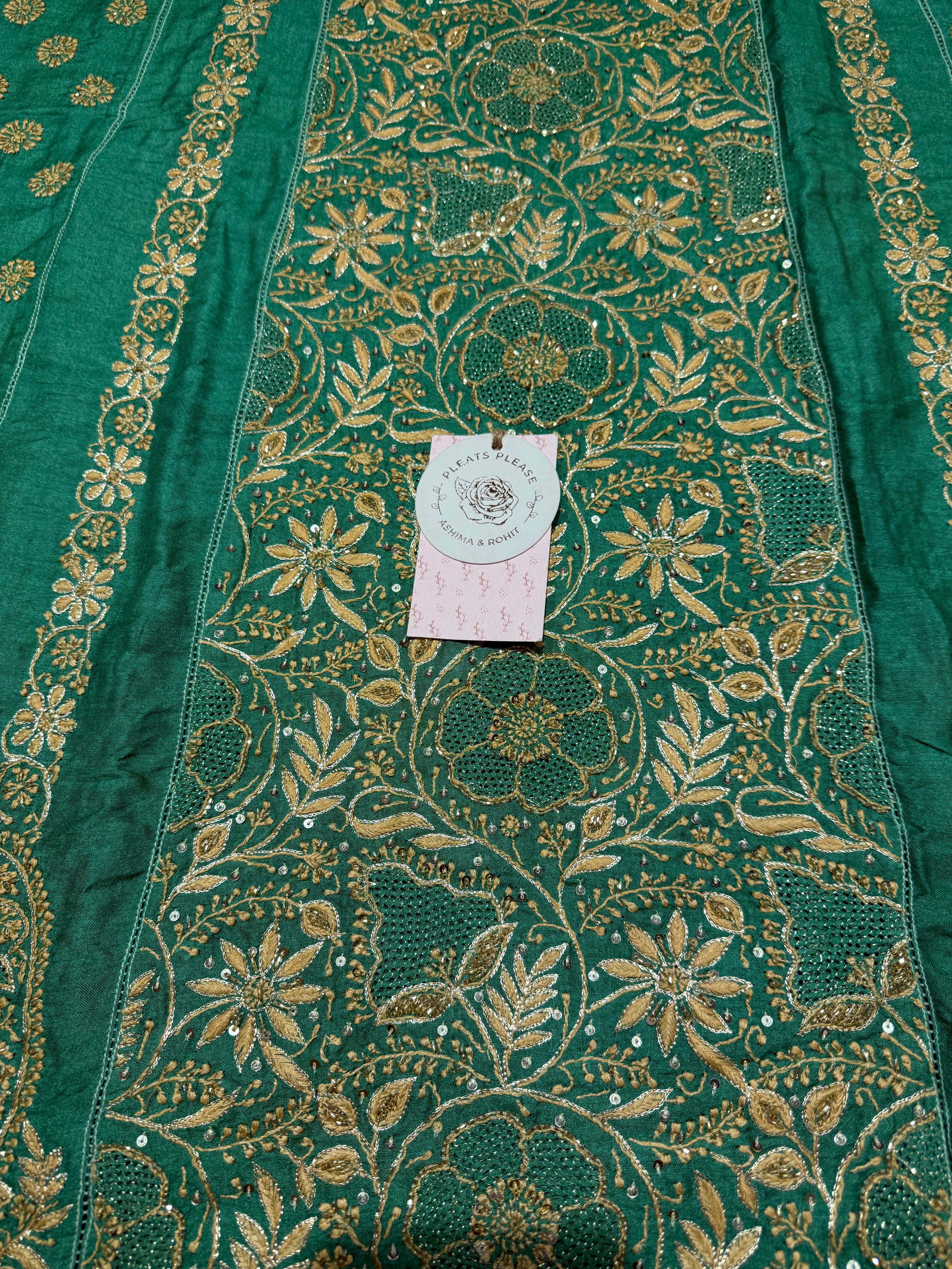 Emerald Green Monga Silk Chikankari A-Line Anarkali & Dupatta Set