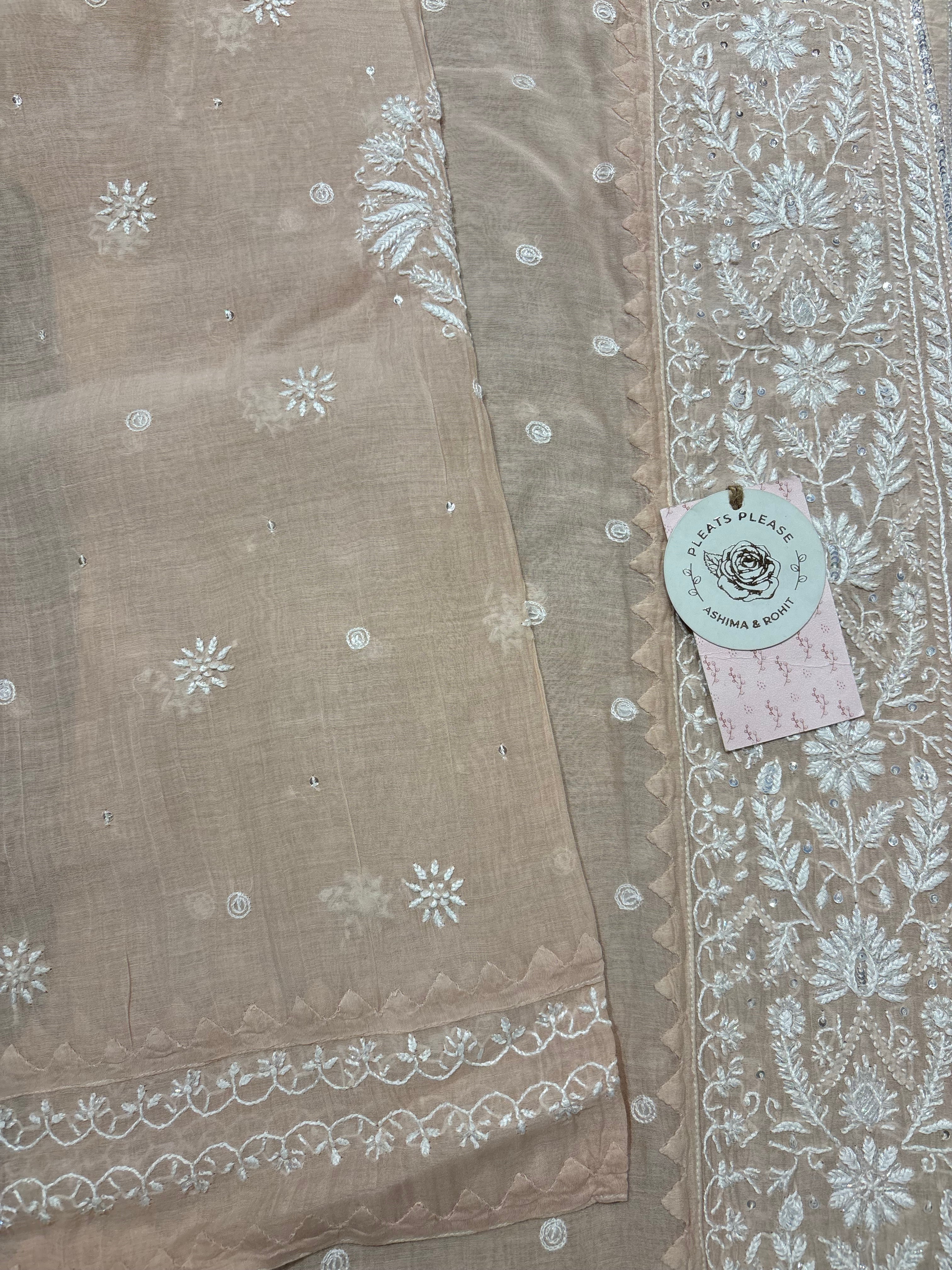 Peach Chanderi Mul Chikankari Kurta and Dupatta