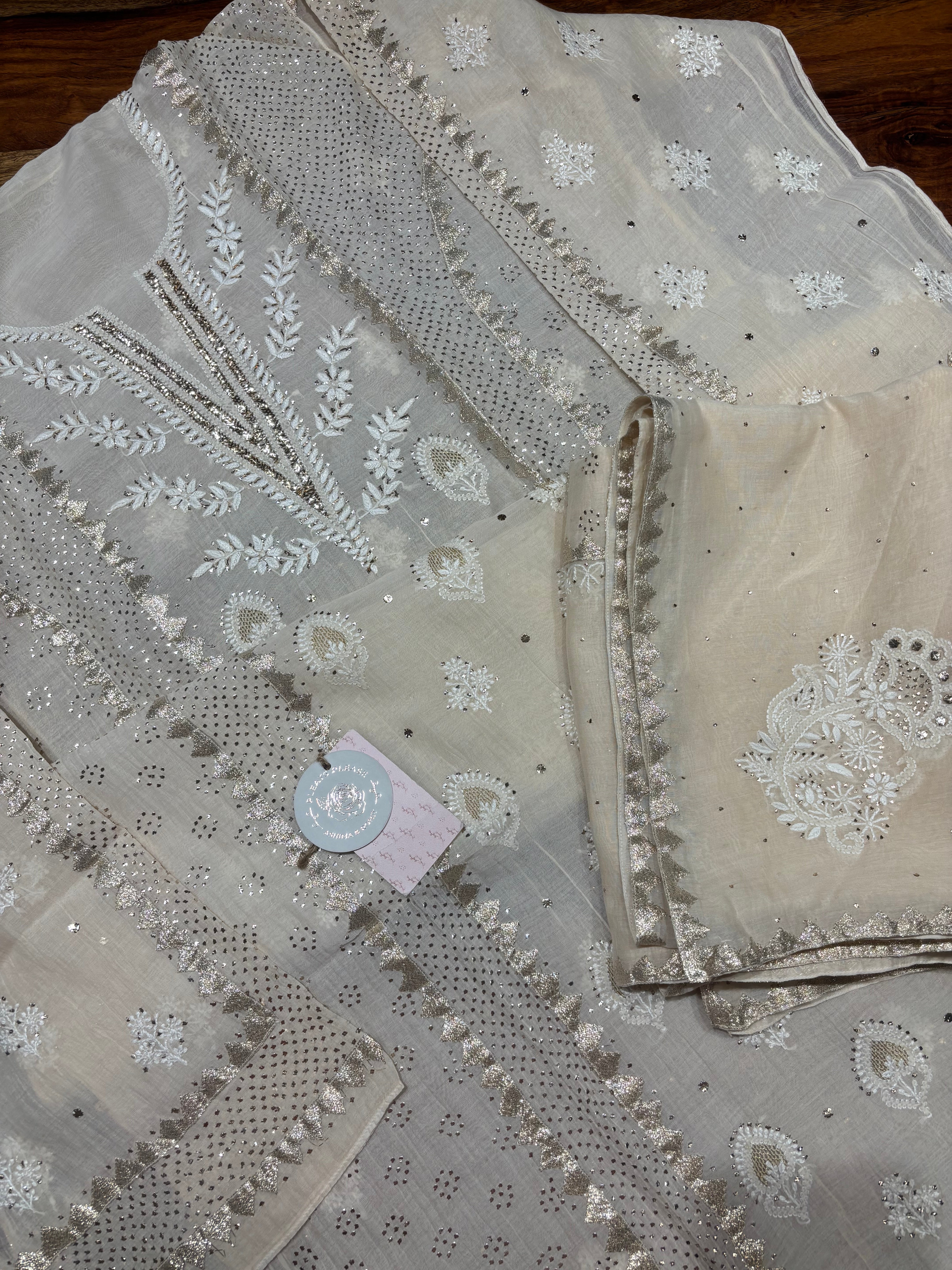 Off White Chanderi Mul Chikankari & Mukaish Kurta & Dupatta Set