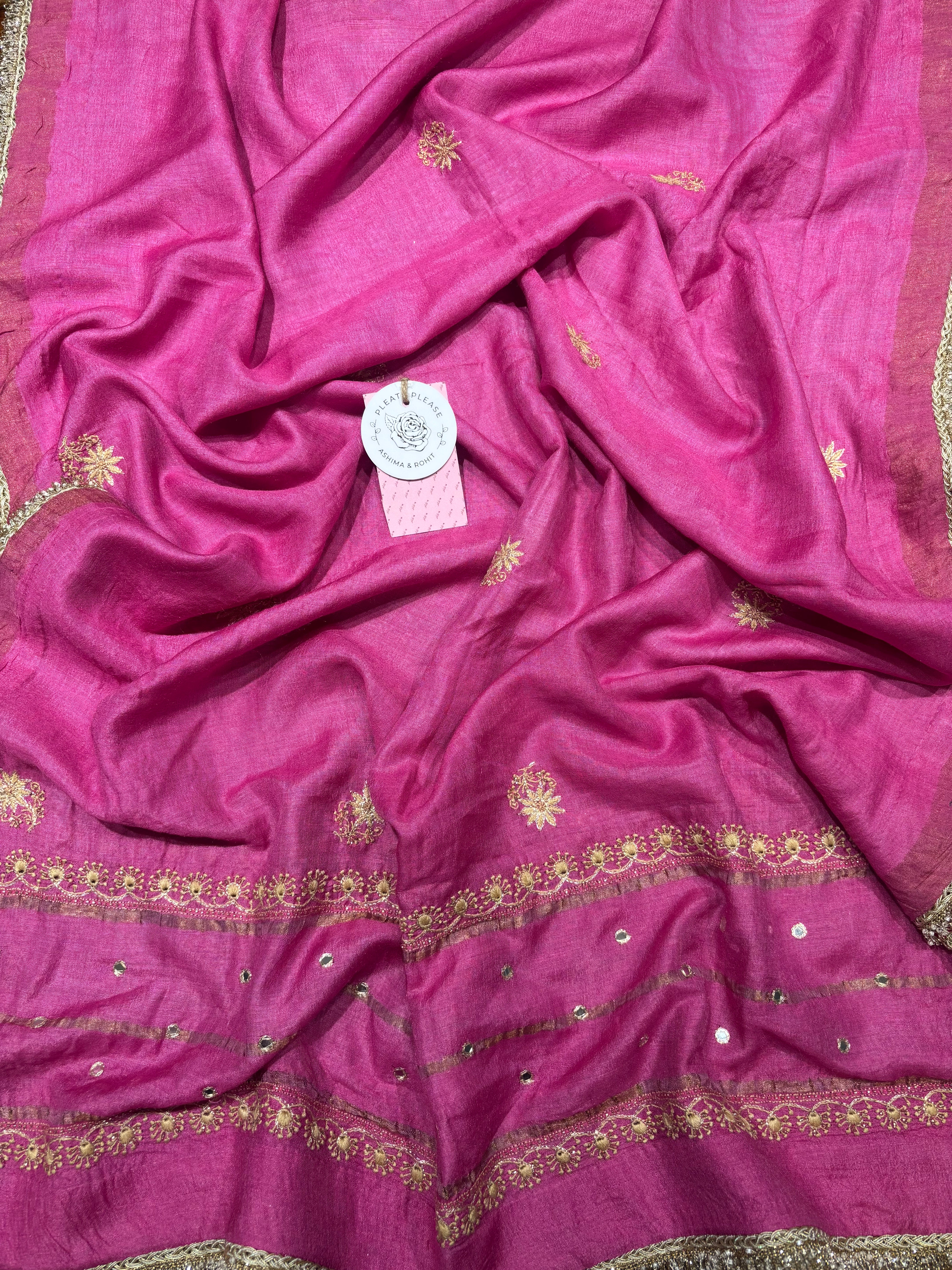 Magenta Pink Pure & Premium Monga Silk Chikankari Kurta, Dupatta & Bottom Fabric