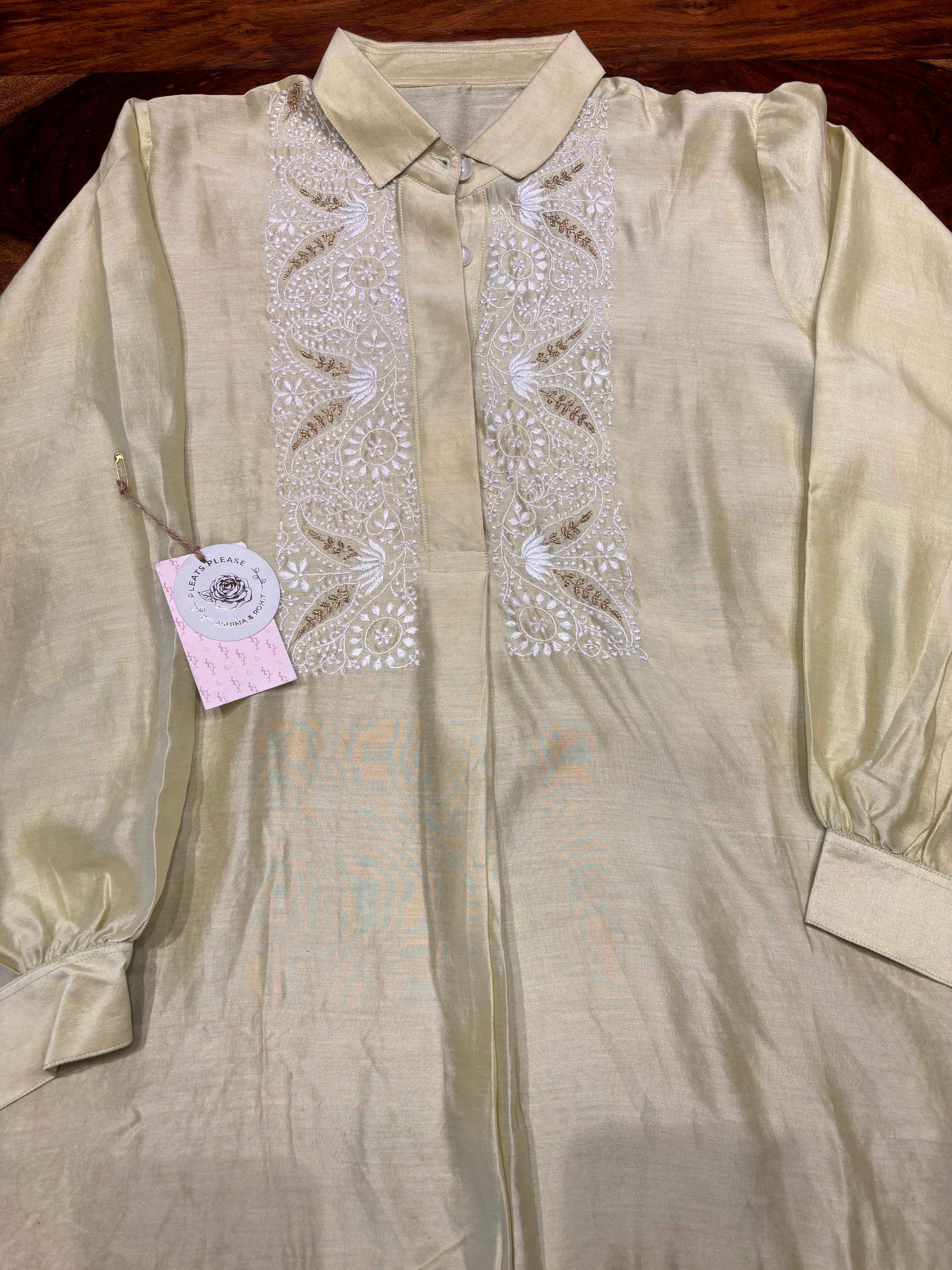 Pistachio Green Chanderi Silk chikankari Co-ord Set - Pleats PleaseChikankari