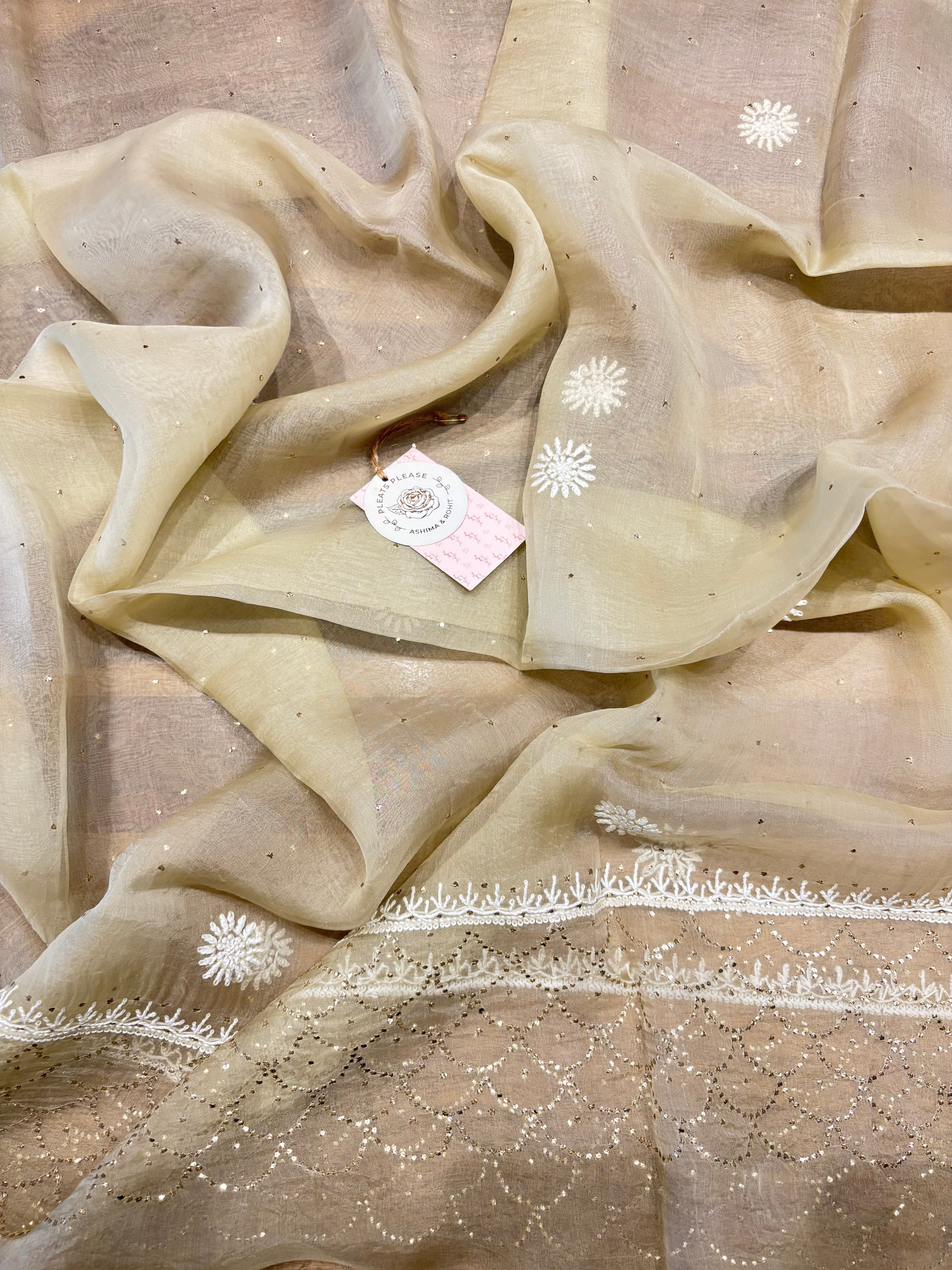 Golden Organza chikankari Anarkali and dupatta