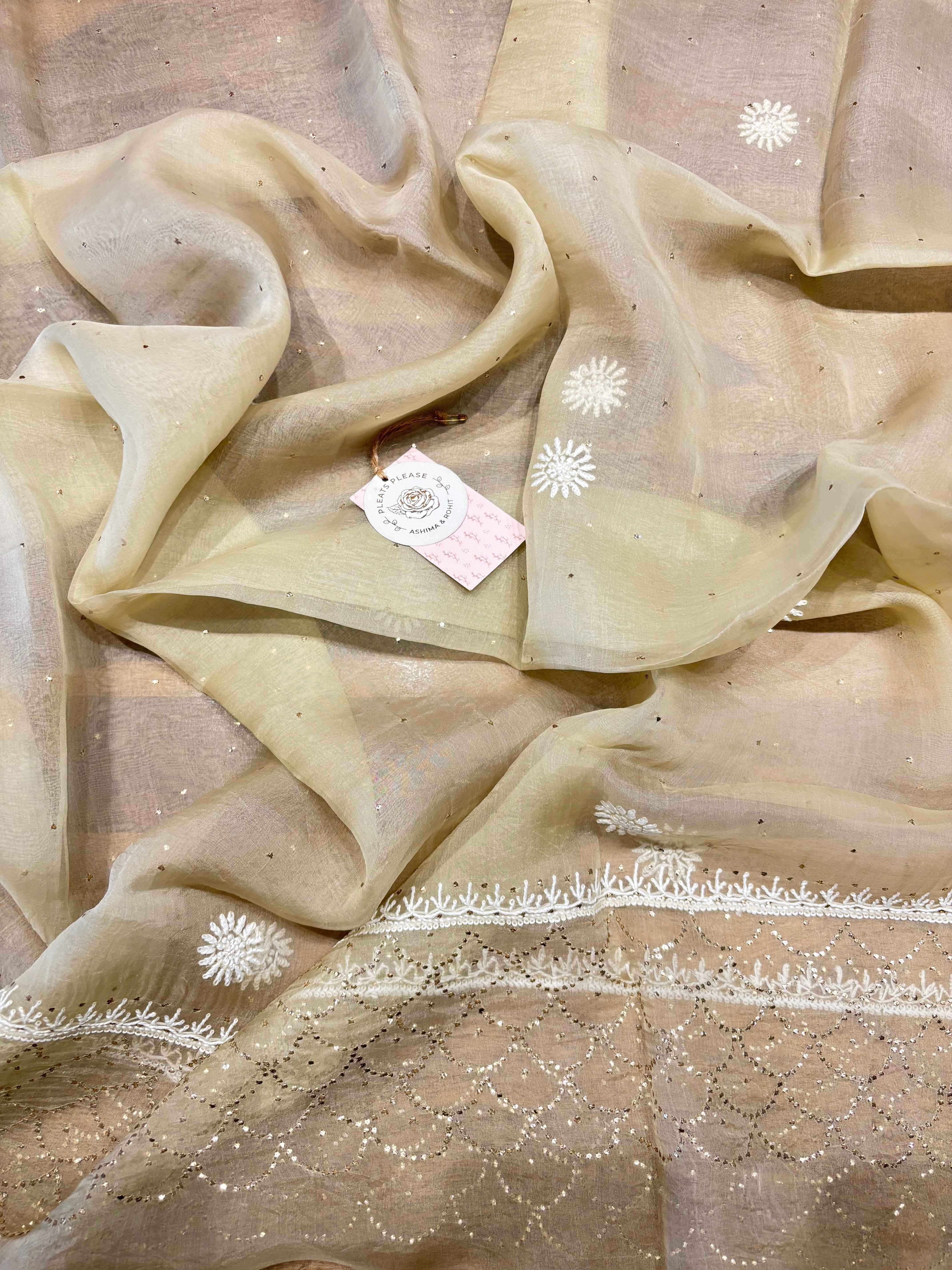 Golden Organza chikankari Anarkali and dupatta - Pleats PleaseChikankari