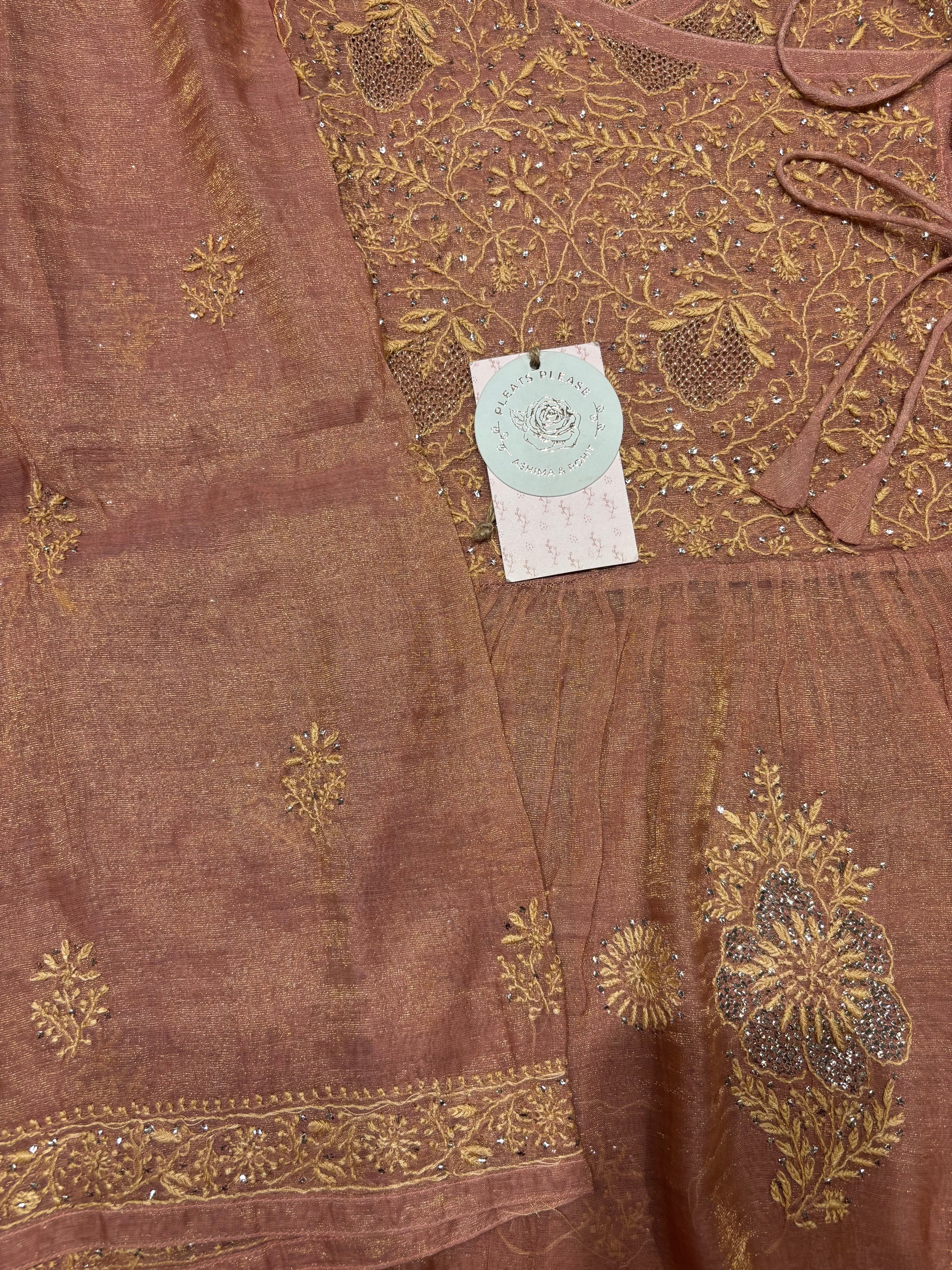 Rose Gold pure & Premium Tissue Chikankari & Mukaish Angrakha Kurta and Dupatta Set