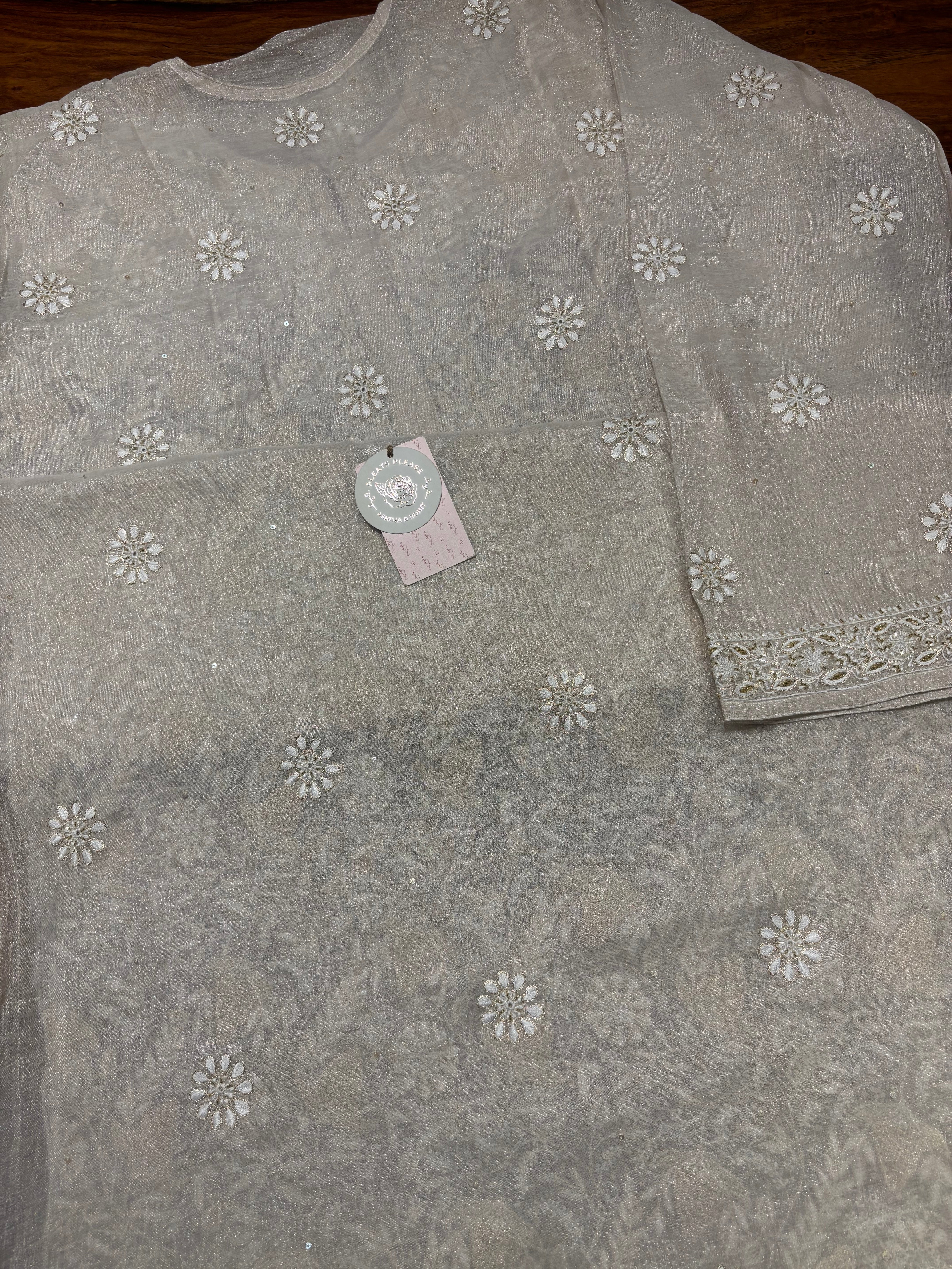 Dyeable Pure & Premium Silver Tissue Chikankari Kurta & Dupatta Set