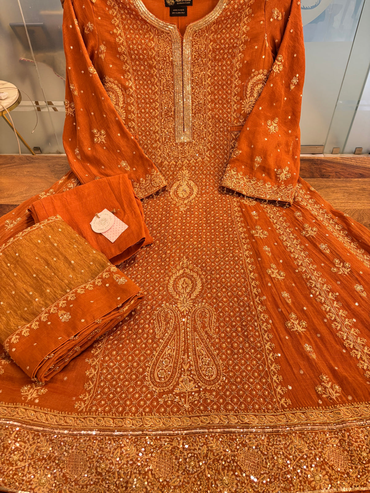Burnt Orange Pure & Premium Tissue Chikankari Anarkali And Dupatta With Bottom