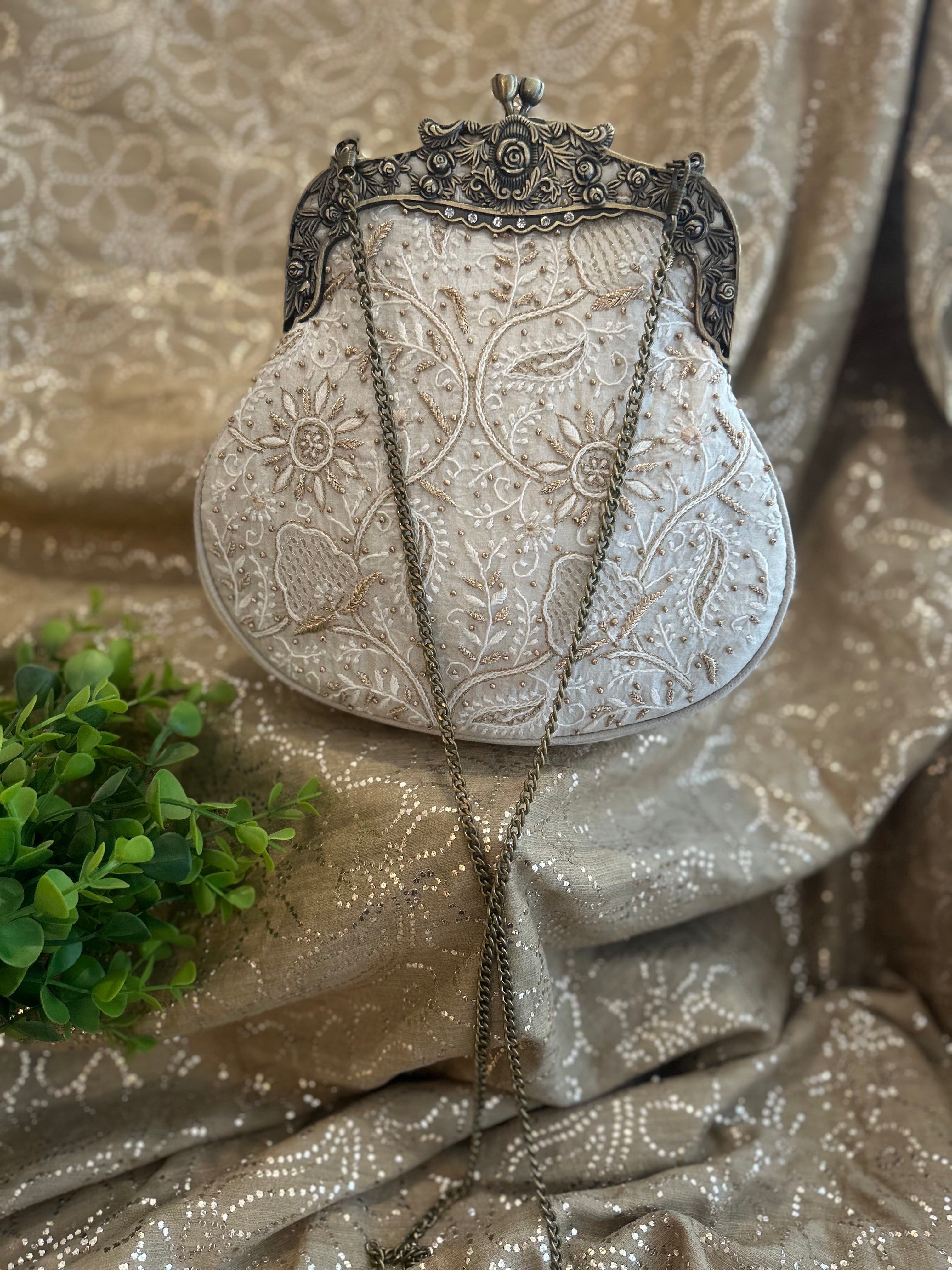 Ivory Chikankari Clutch Bag