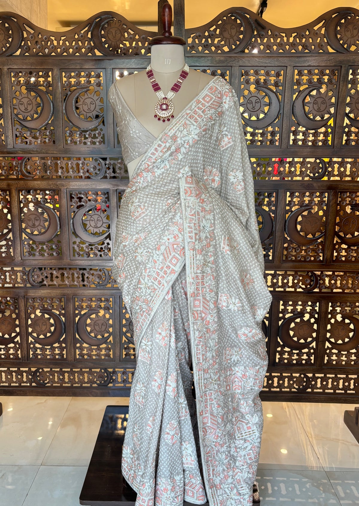Platinum Grey Bandhej Zardozi Embellished Saree