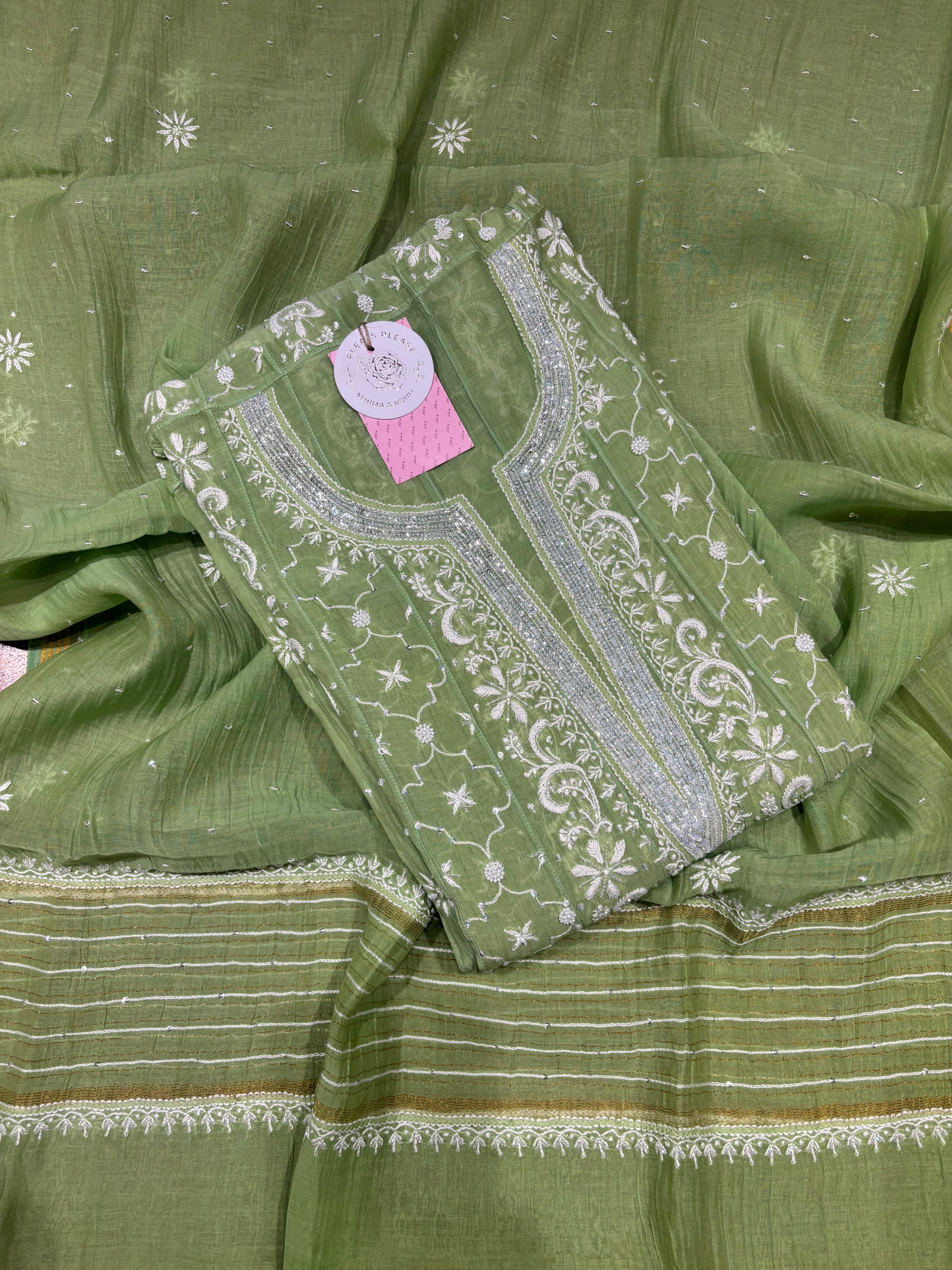 Mint Green Chanderi Mul Chikankari Anarkali & Dupatta Set