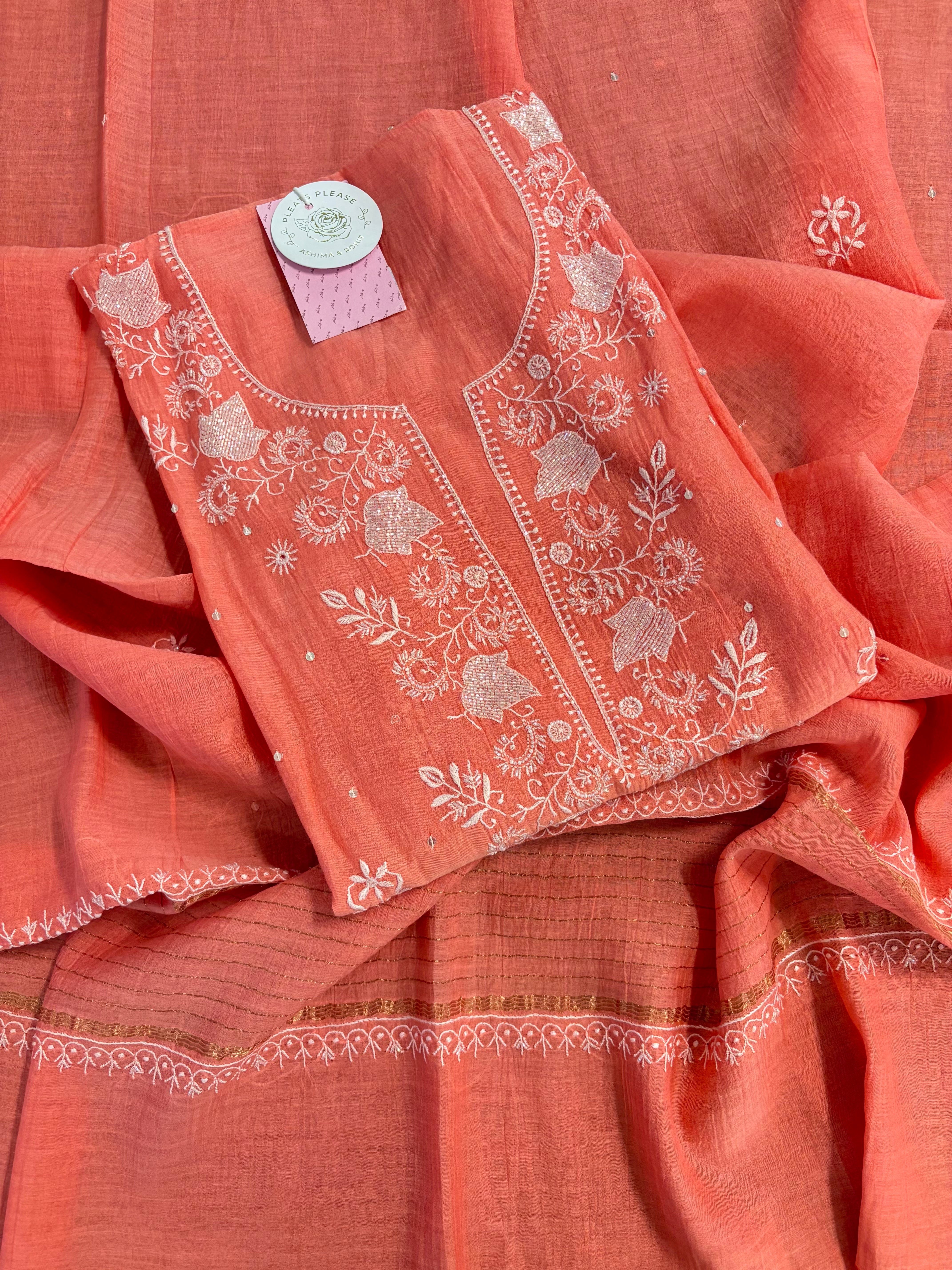 Coral Peach Chanderi Chikankari Kurta & Dupatta