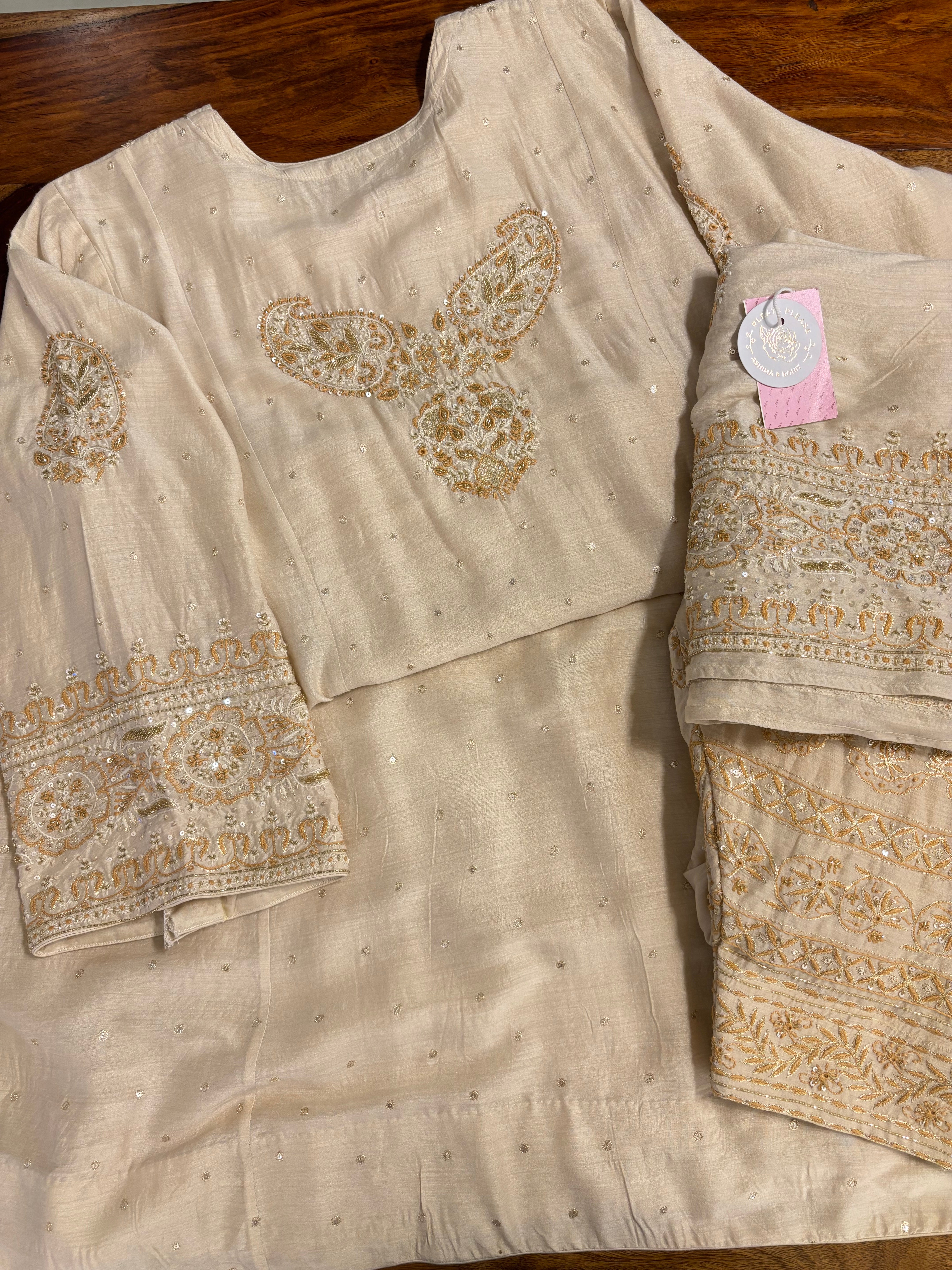 Dyeable Monga Silk A-Line Chikankari Kurta & Dupatta With Bottom