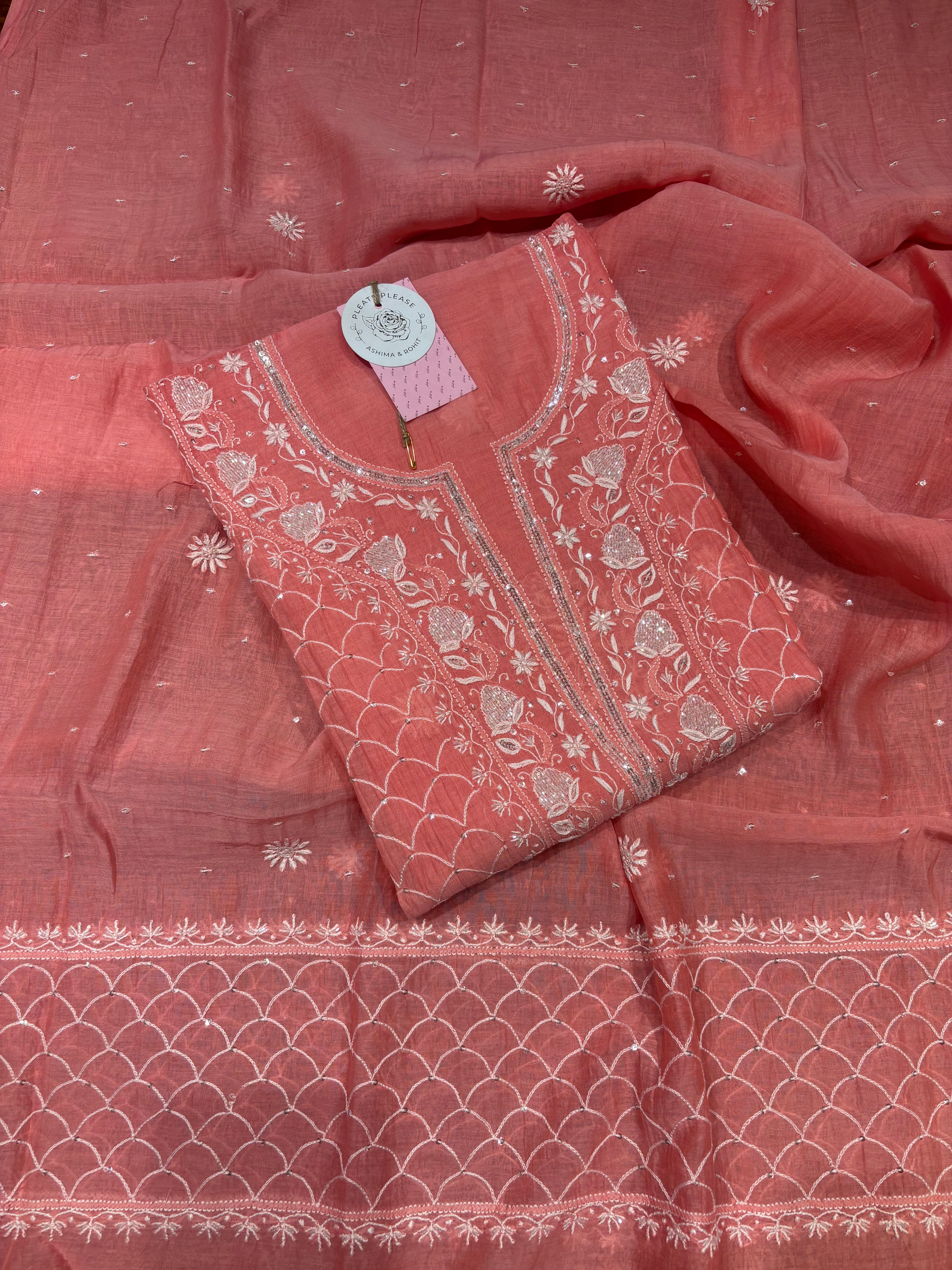 Coral Pink Chanderi Mul Chikankari Kurta & Dupatta Set