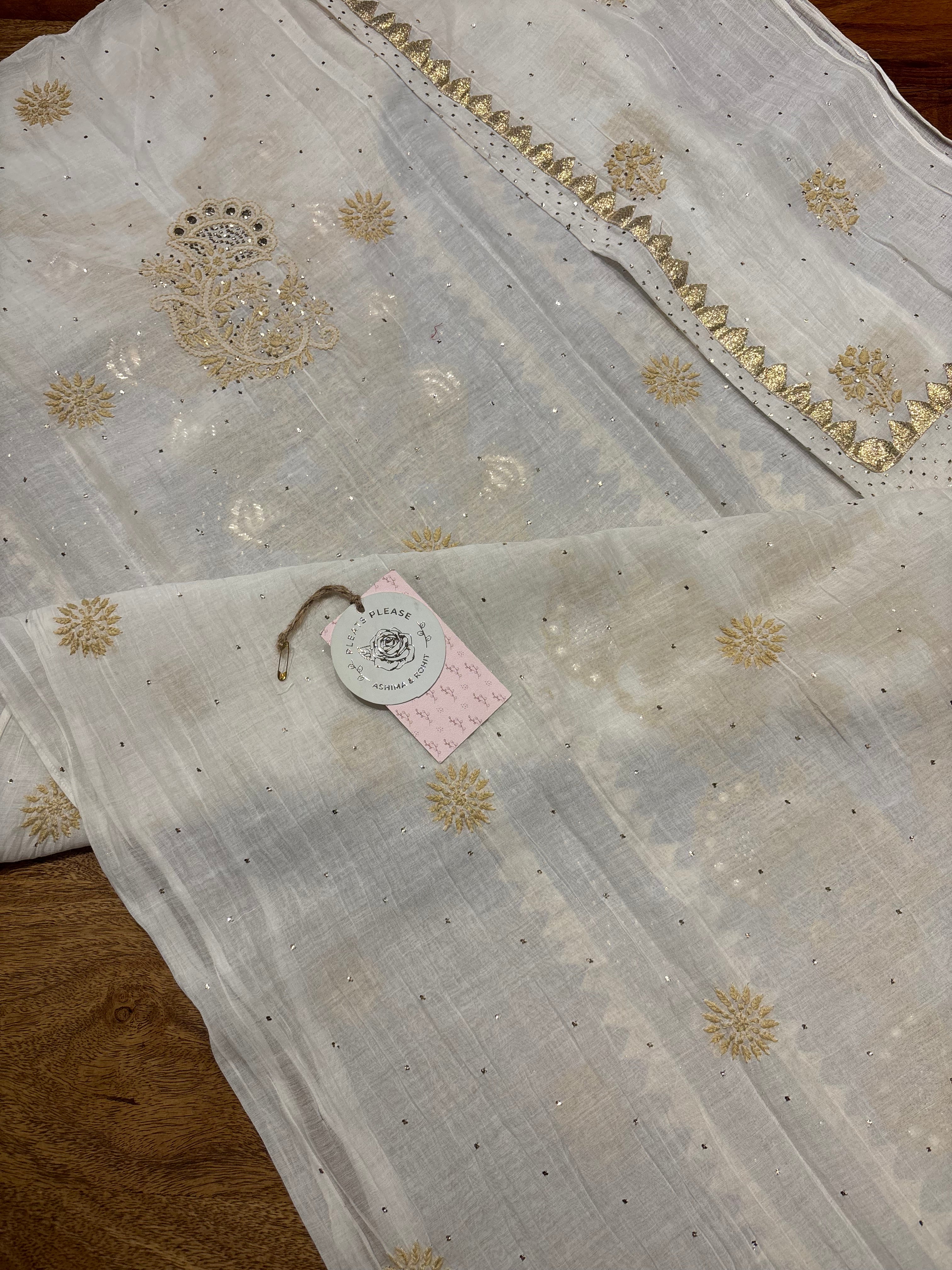 Dyeable Chanderi Mul Chikankari And Mukaish Kurta and Dupatta set